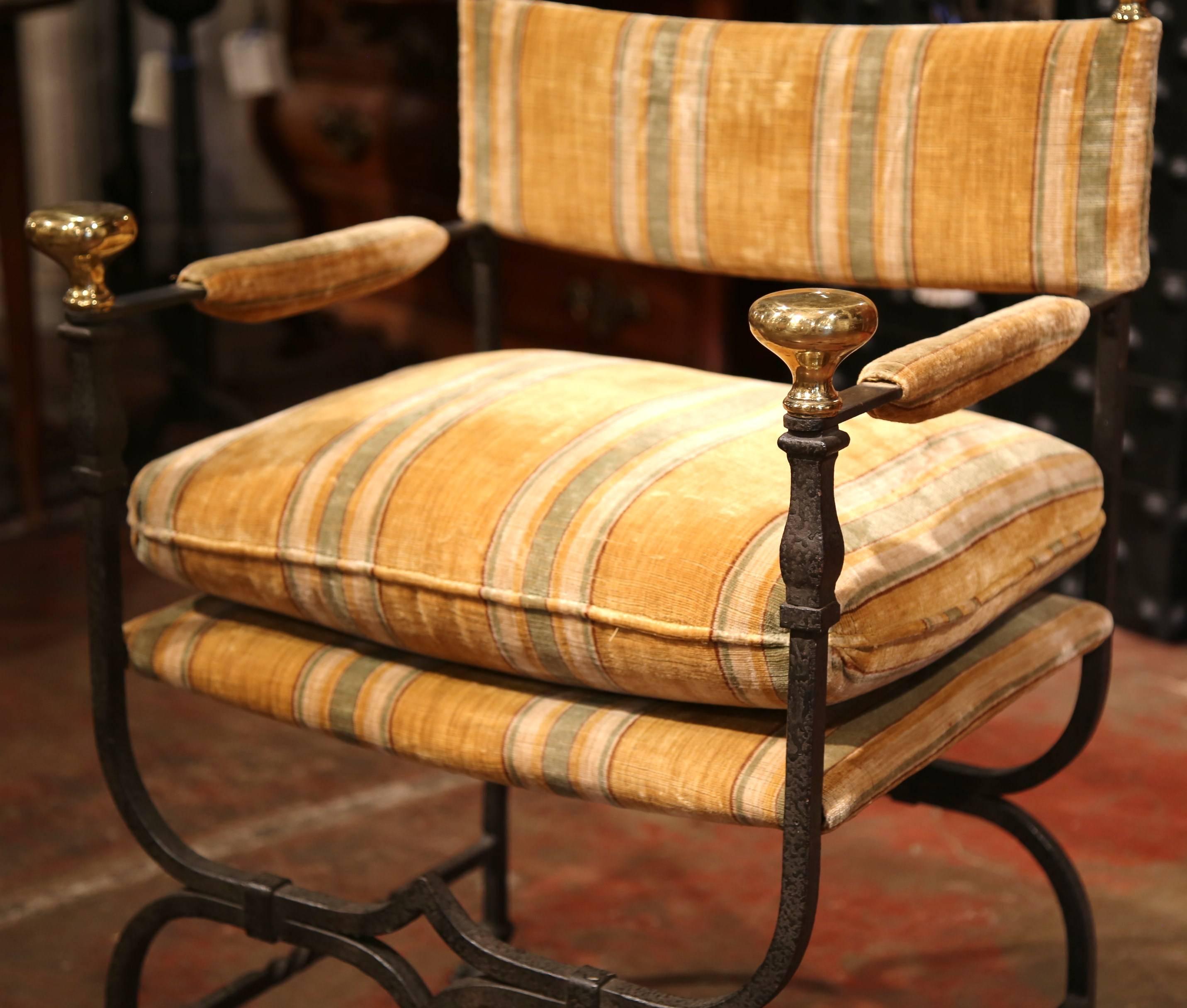 19th Century Italian Wrought Iron Campaign Armchair with Bronze Finials In Excellent Condition In Dallas, TX