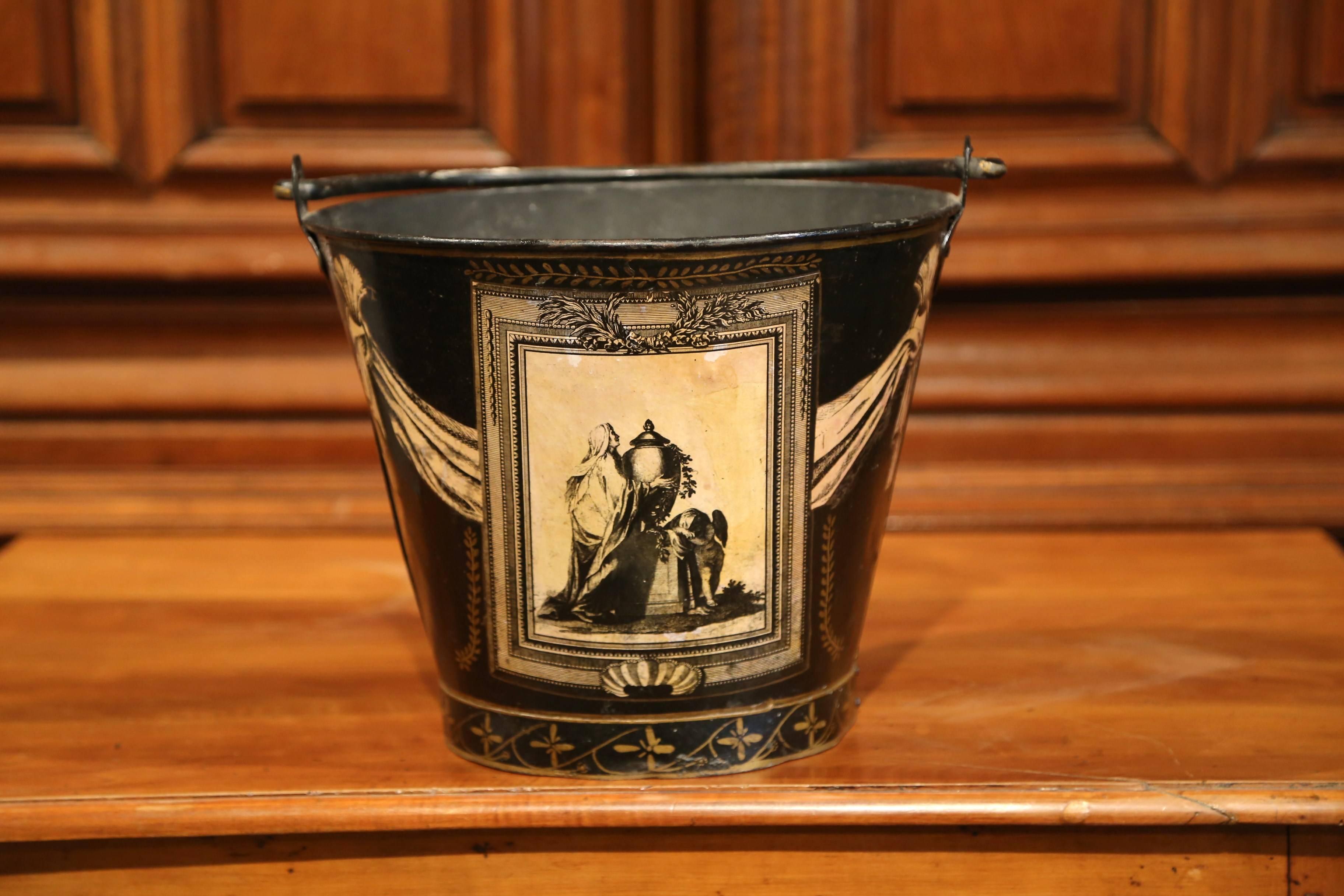 19th Century French Directoire Black and Beige Painted Decorative Tole Basket 1