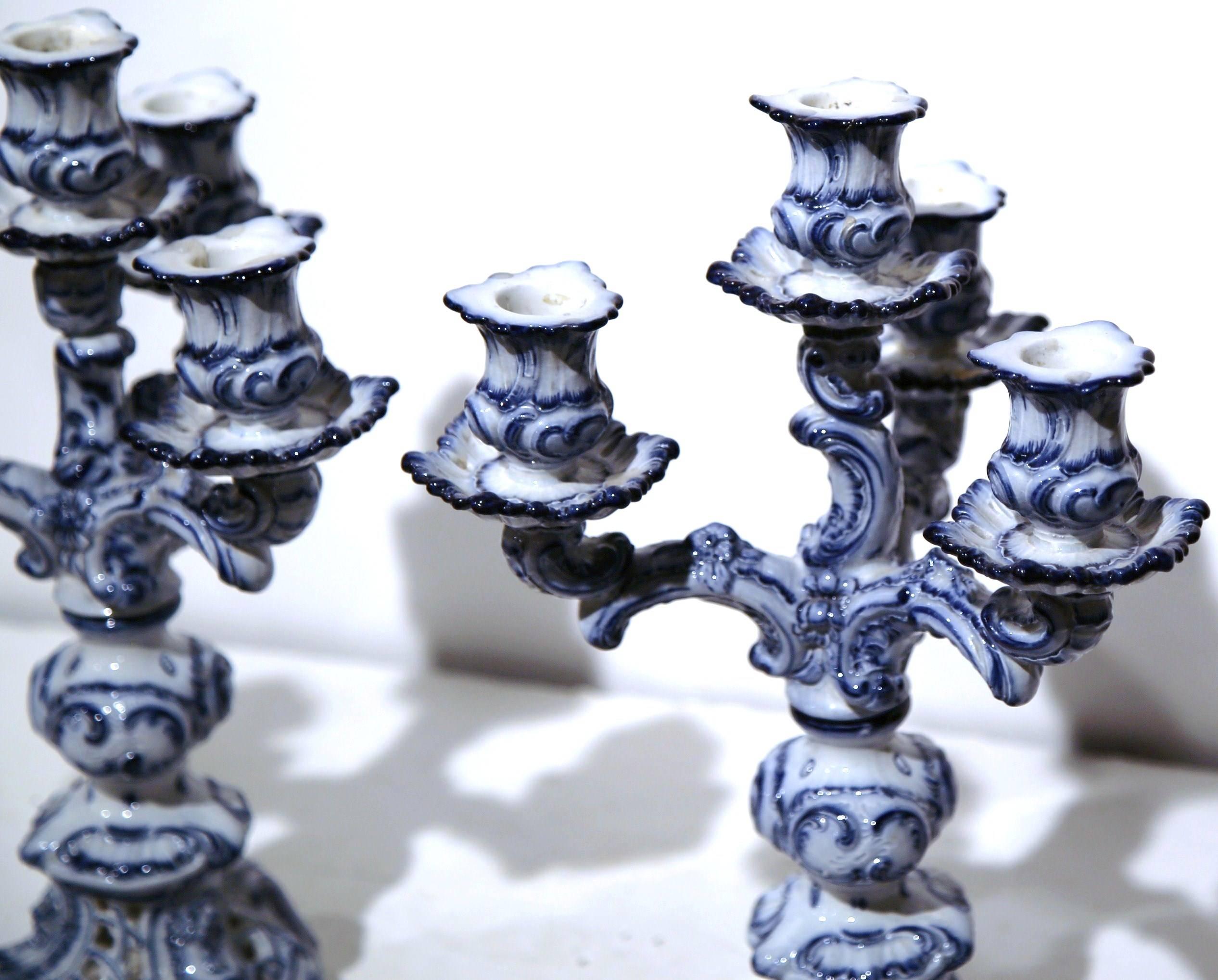 Pair of 19th Century French Blue and White Delft Style Four-Arm Candleholders In Excellent Condition In Dallas, TX