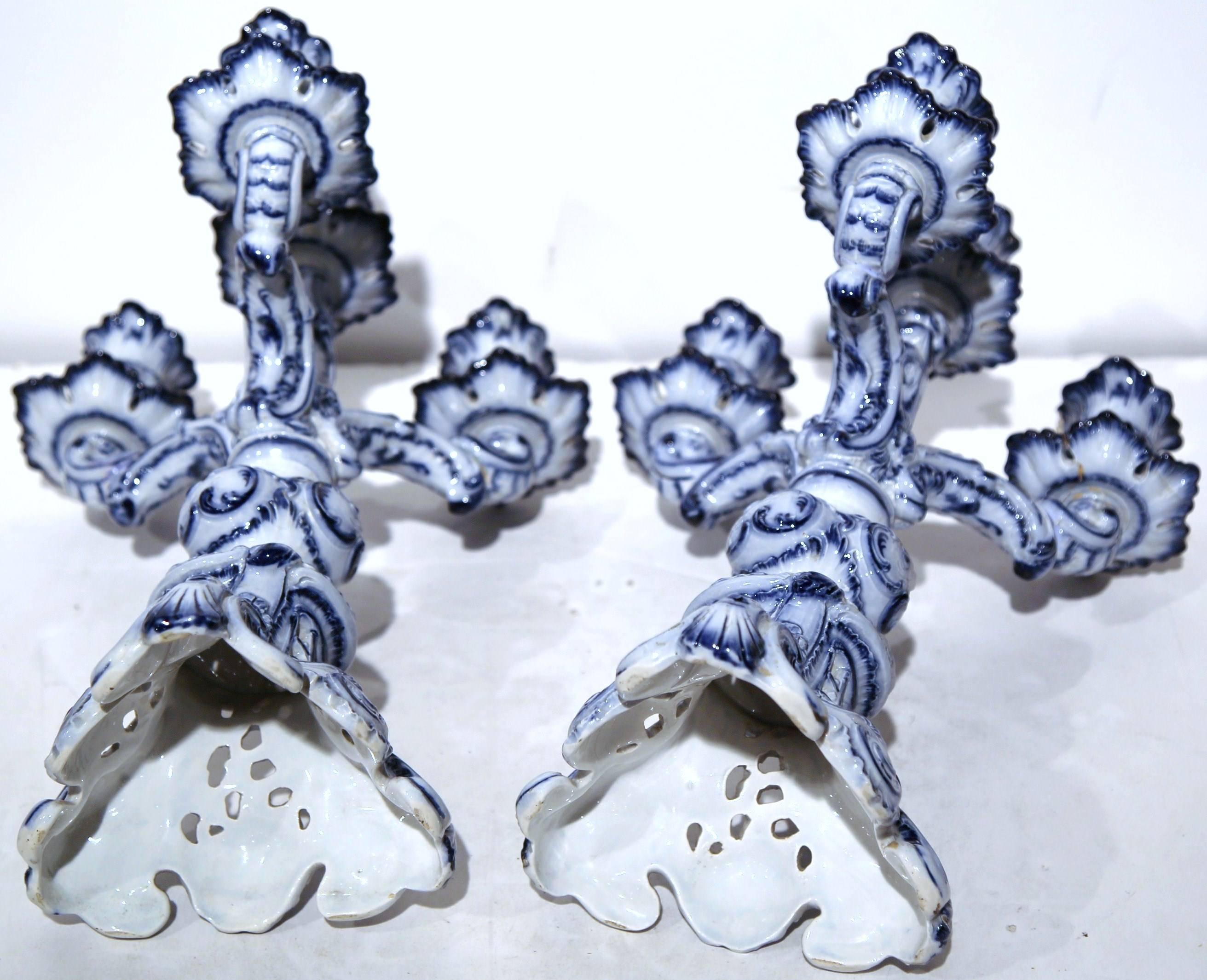 20th Century Pair of 19th Century French Blue and White Delft Style Four-Arm Candleholders
