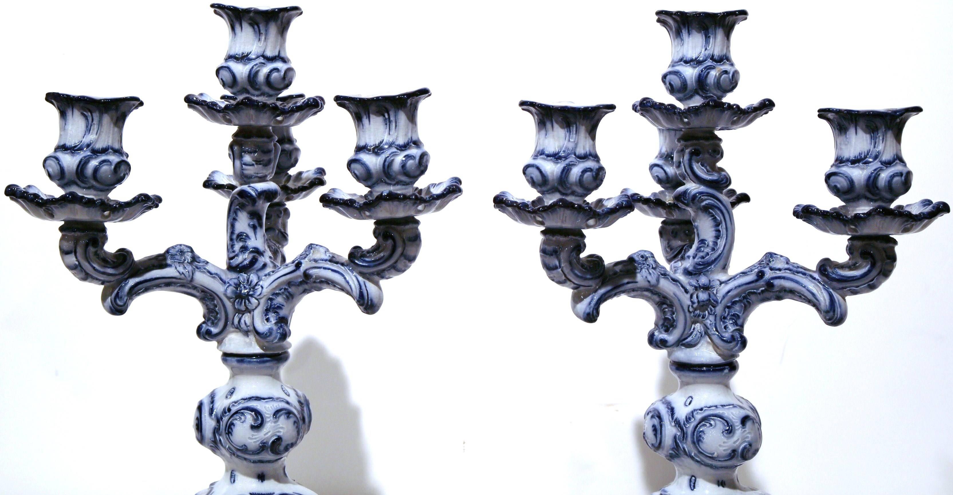 Louis XV Pair of 19th Century French Blue and White Delft Style Four-Arm Candleholders