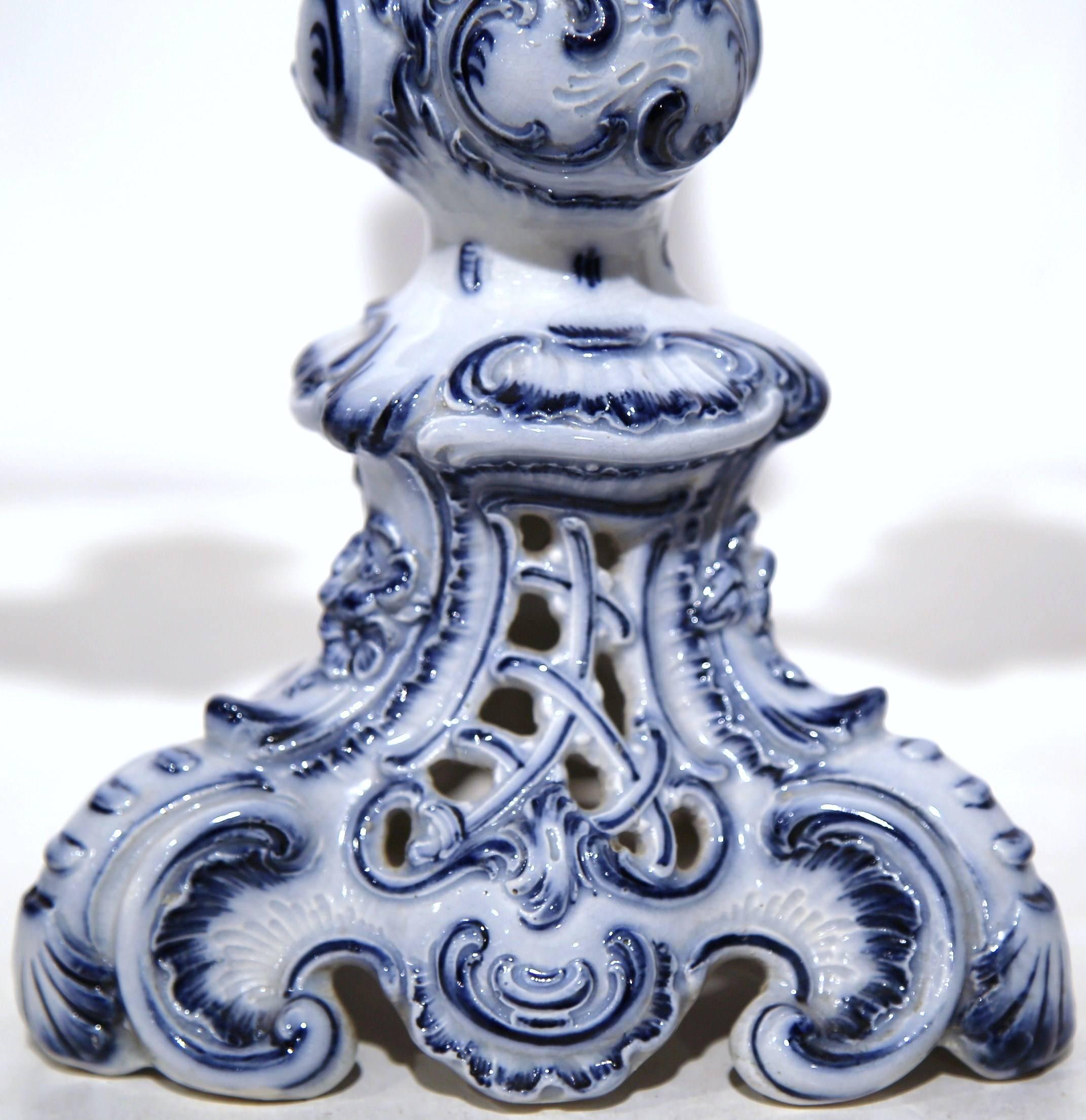 Porcelain Pair of 19th Century French Blue and White Delft Style Four-Arm Candleholders