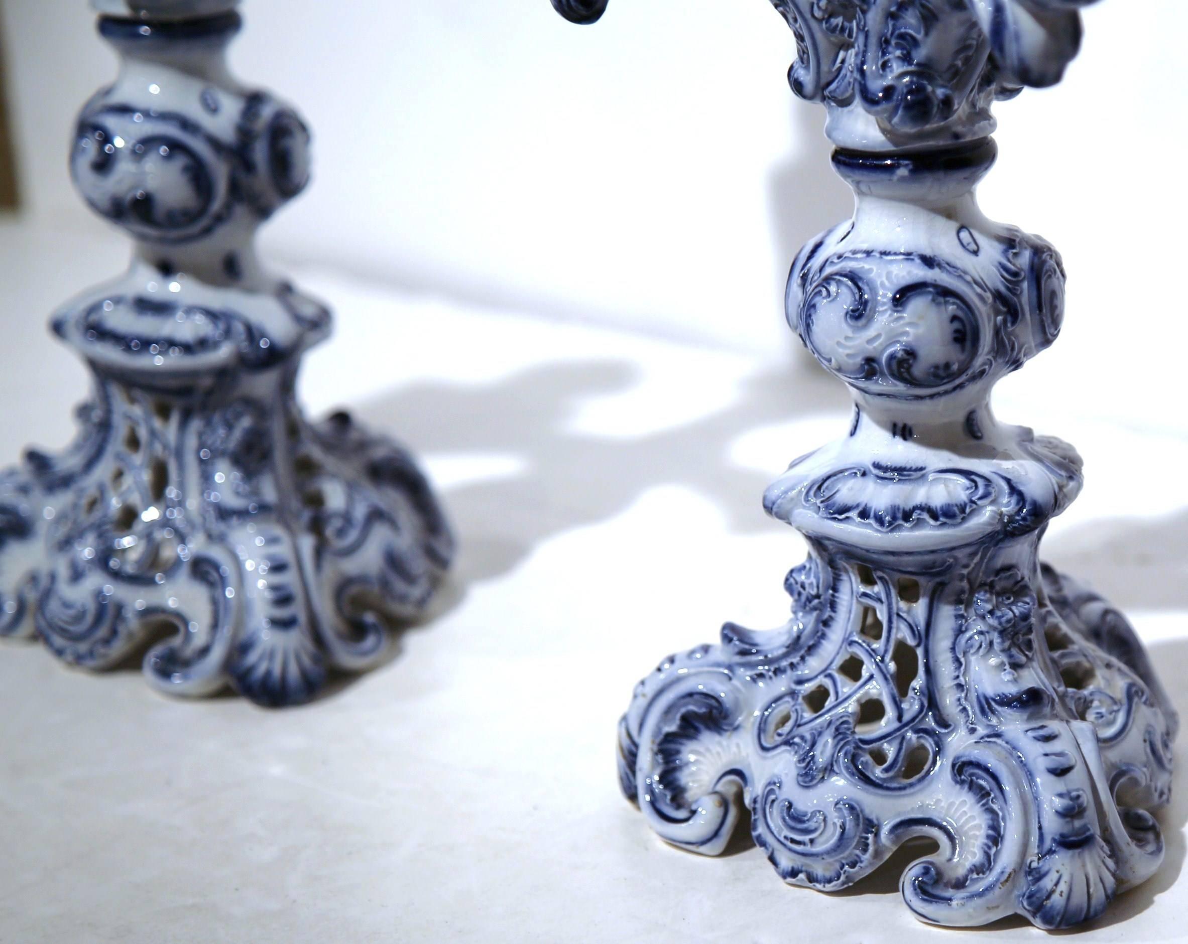 Hand-Painted Pair of 19th Century French Blue and White Delft Style Four-Arm Candleholders