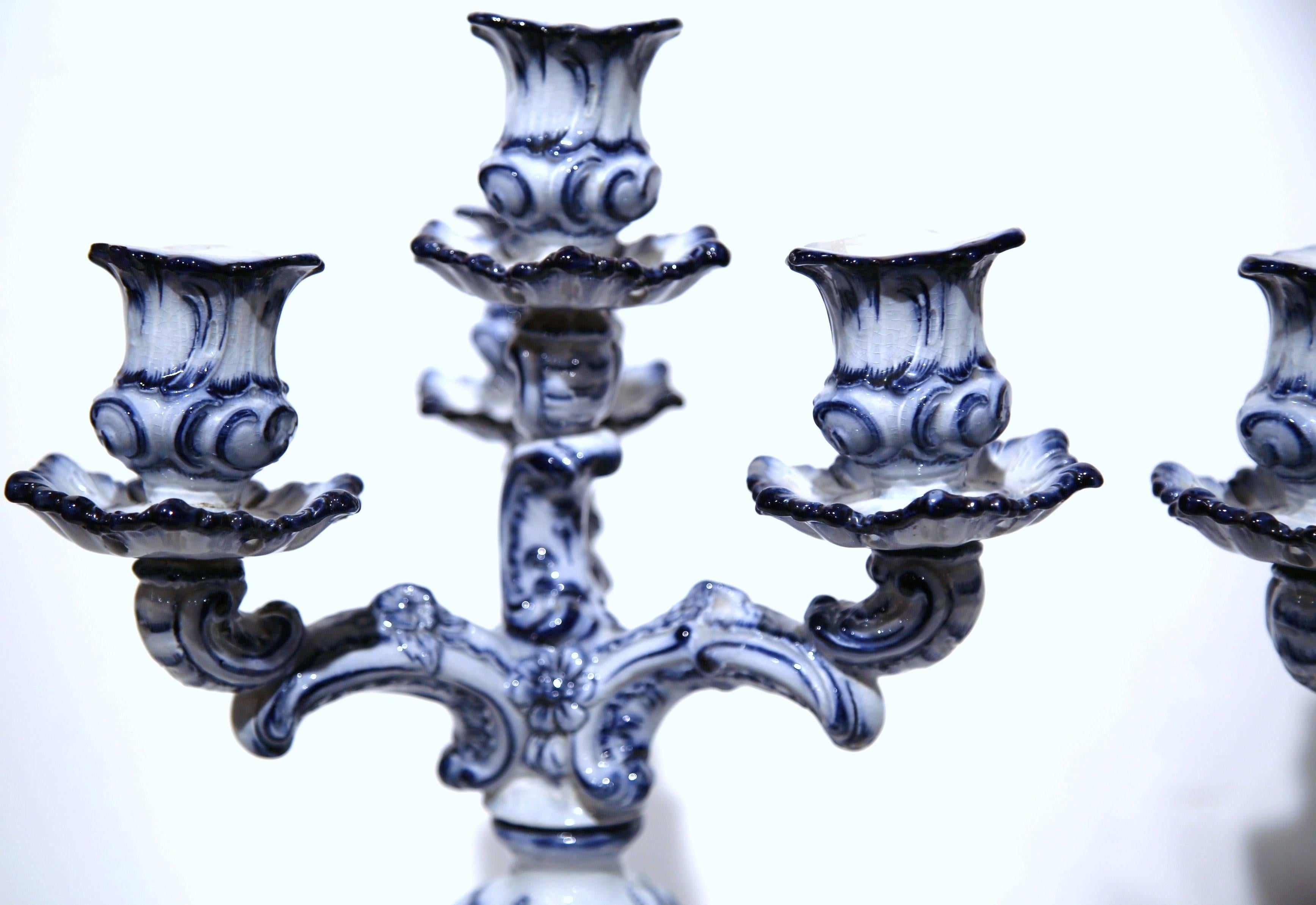 Pair of 19th Century French Blue and White Delft Style Four-Arm Candleholders 1