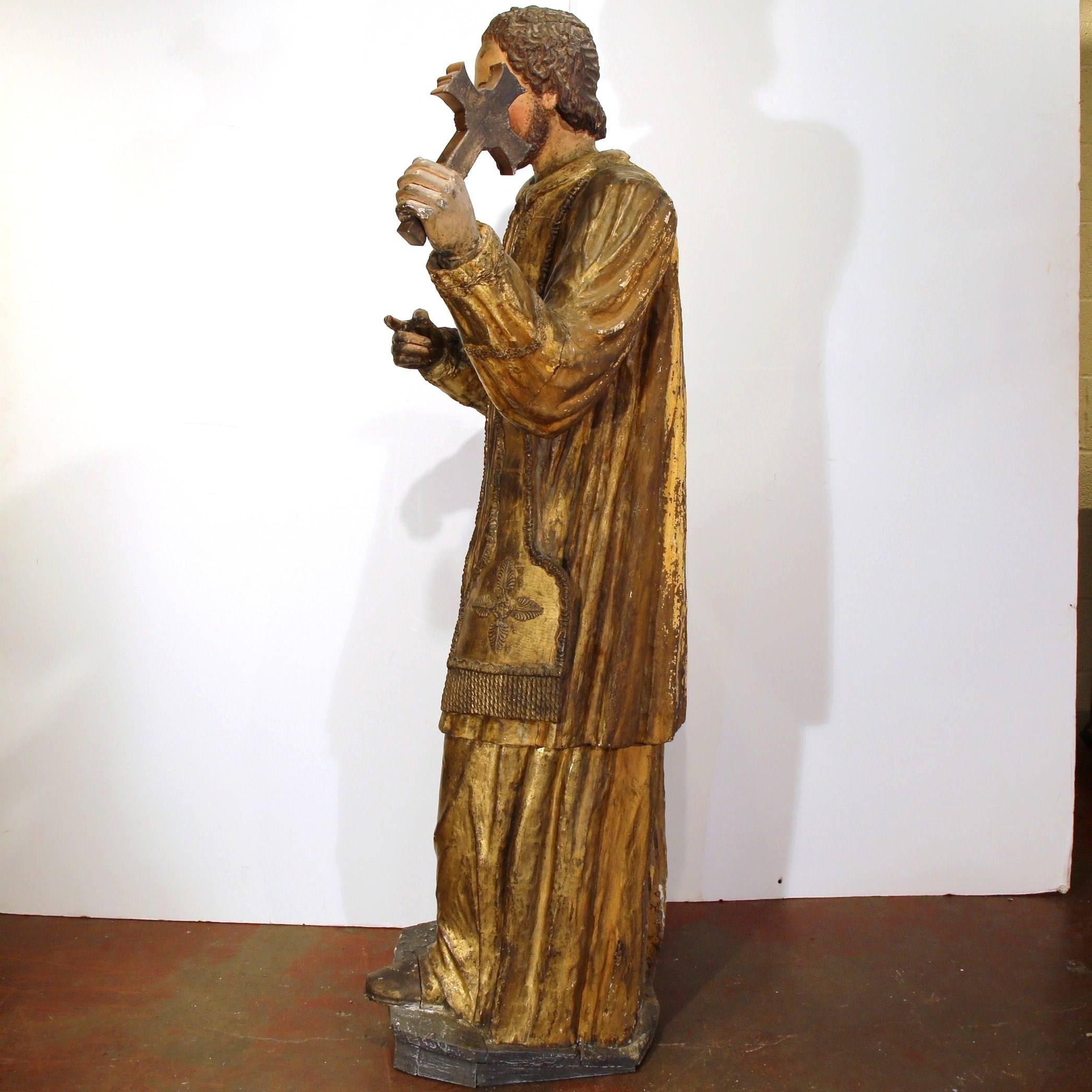 Baroque 18th Century Spanish Carved Statue of Saint Francis-Xavier with Gold Leaf Finish