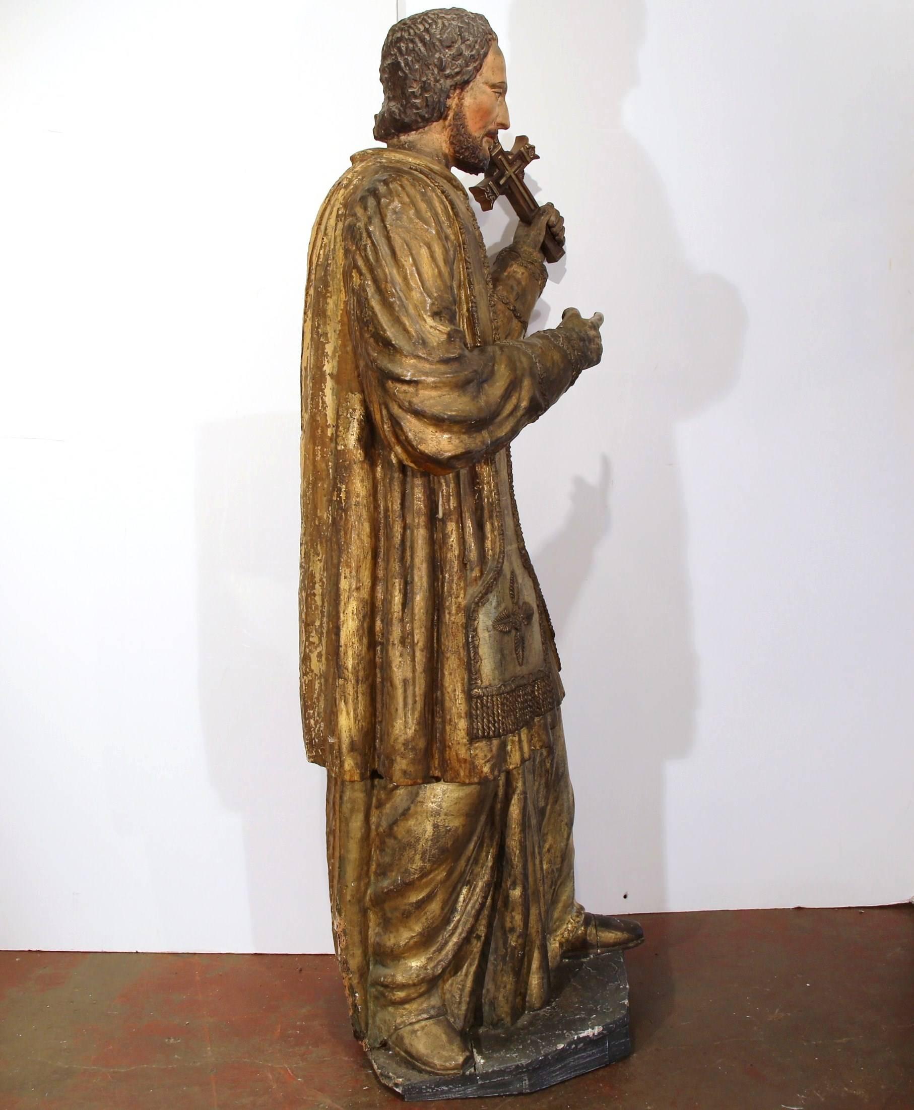 Italian 18th Century Spanish Carved Statue of Saint Francis-Xavier with Gold Leaf Finish