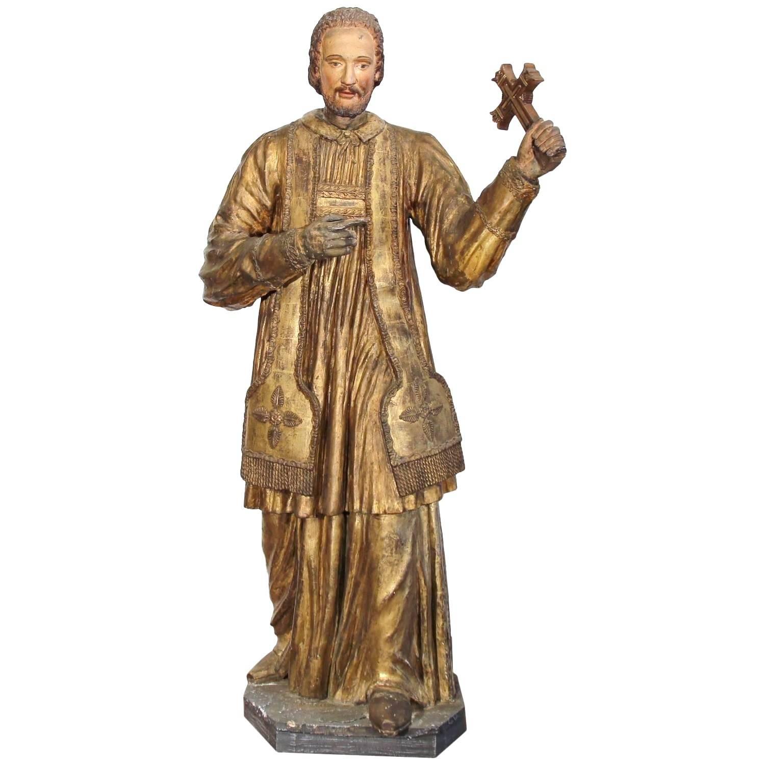 18th Century Spanish Carved Statue of Saint Francis-Xavier with Gold Leaf Finish