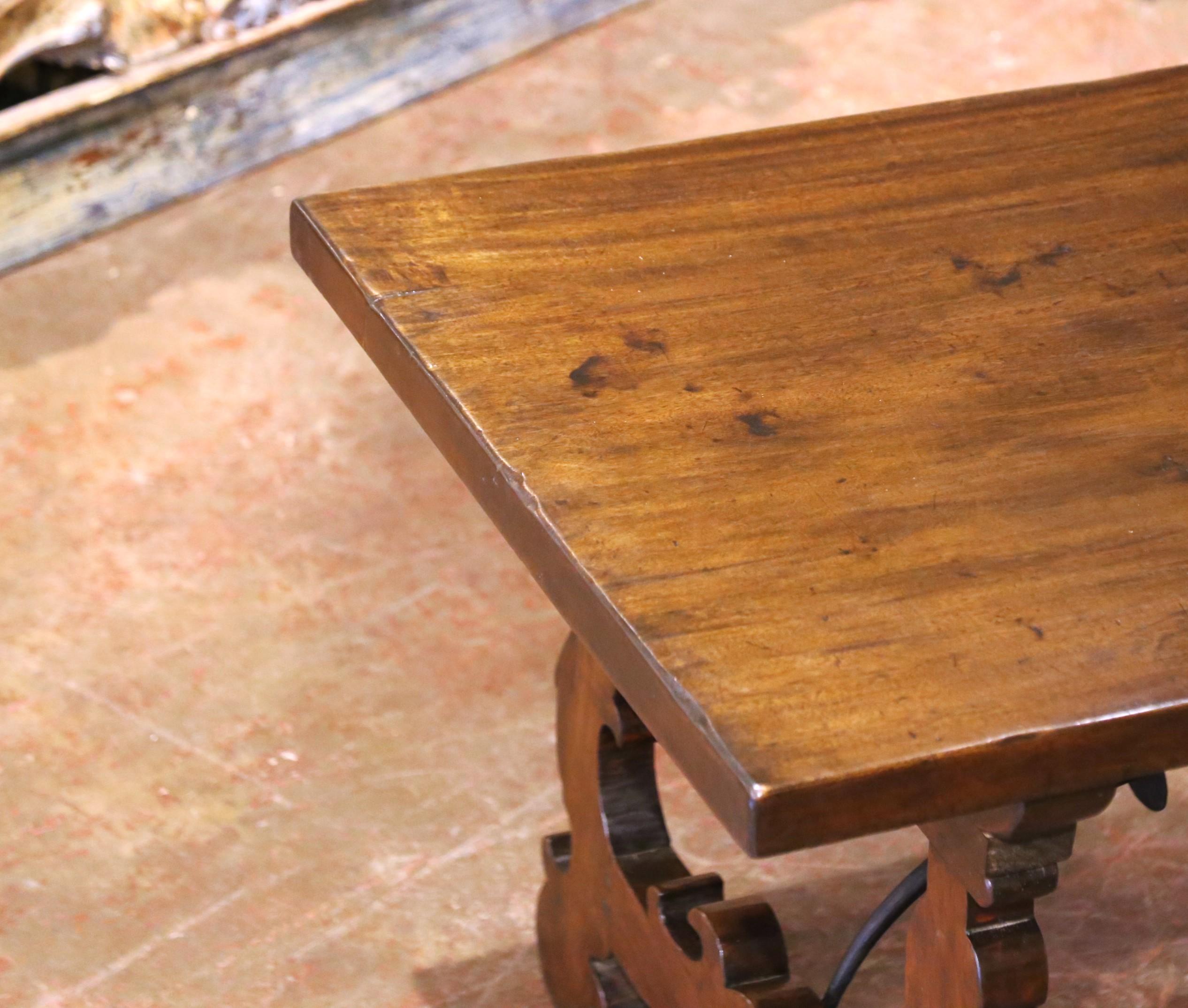 Hand-Carved 19th Century Spanish Carved Walnut Dining Trestle Table with Single Plank Top For Sale