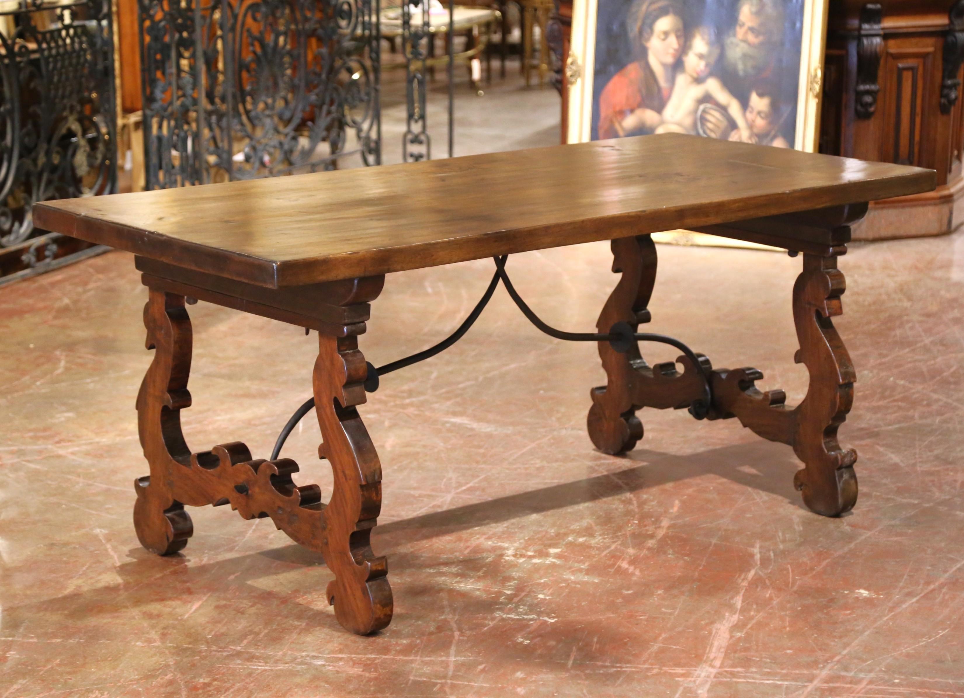 19th Century Spanish Carved Walnut Dining Trestle Table with Single Plank Top In Excellent Condition For Sale In Dallas, TX