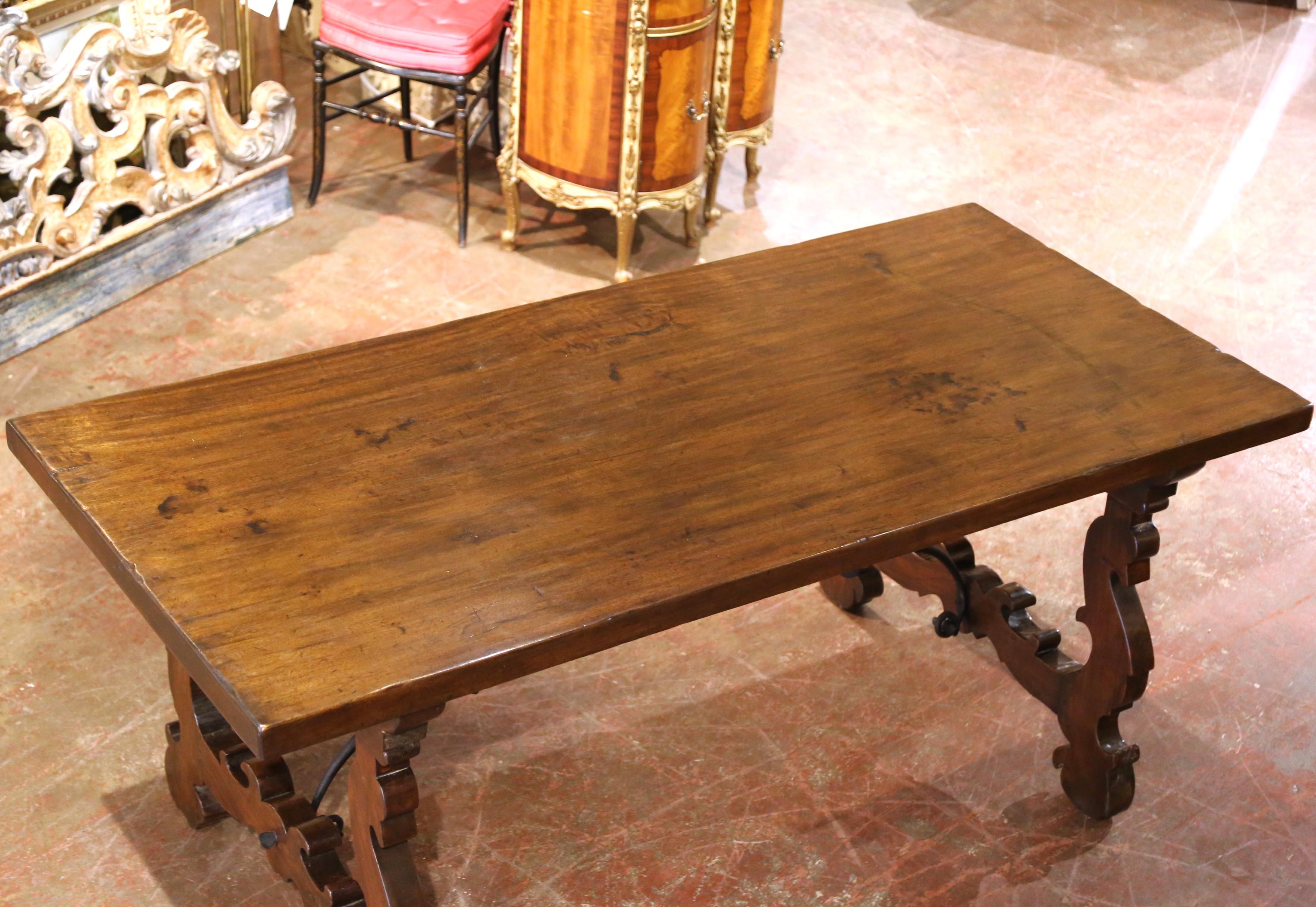 Baroque 19th Century Spanish Carved Walnut Dining Trestle Table with Single Plank Top For Sale