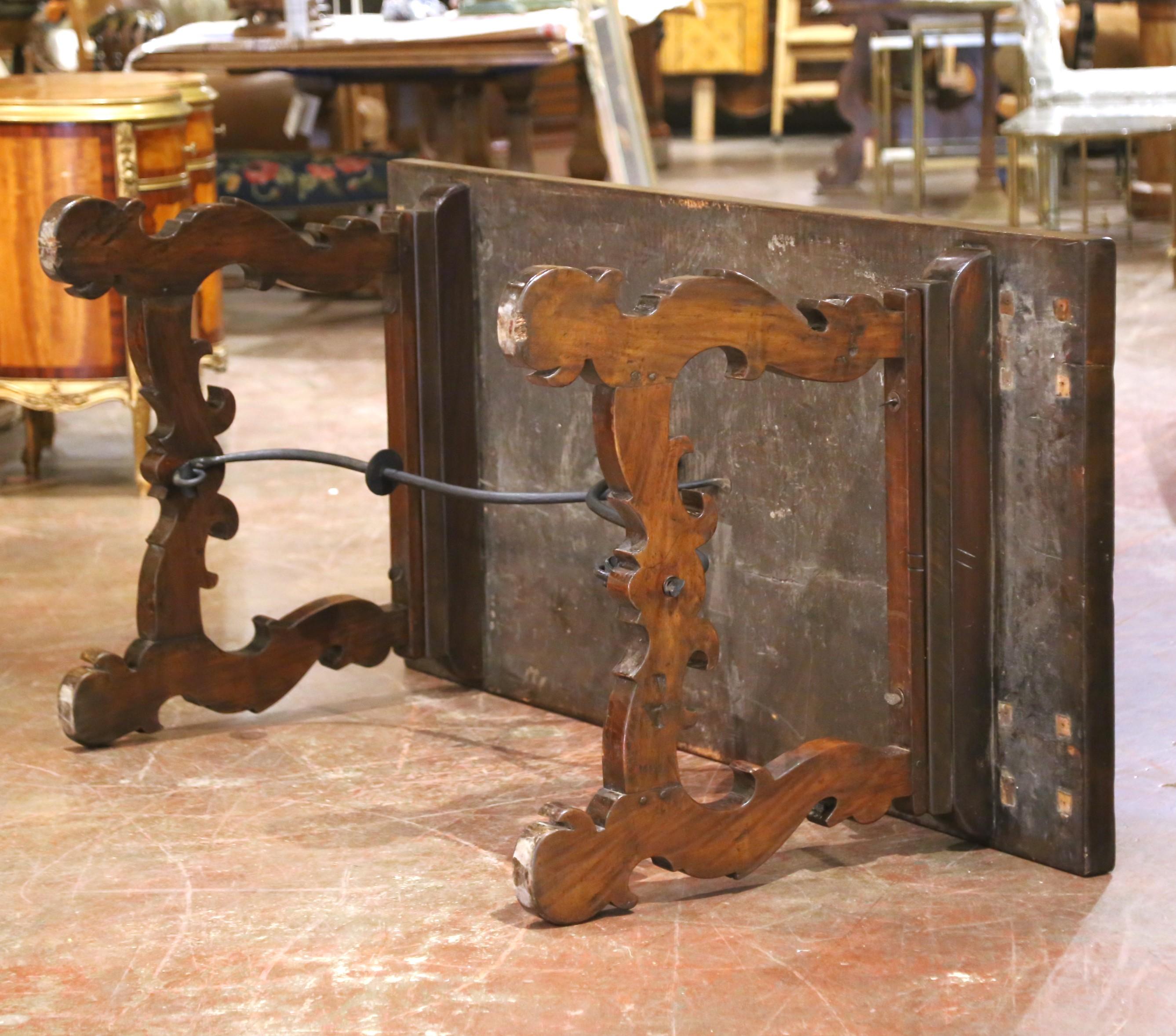 19th Century Spanish Carved Walnut Dining Trestle Table with Single Plank Top For Sale 3
