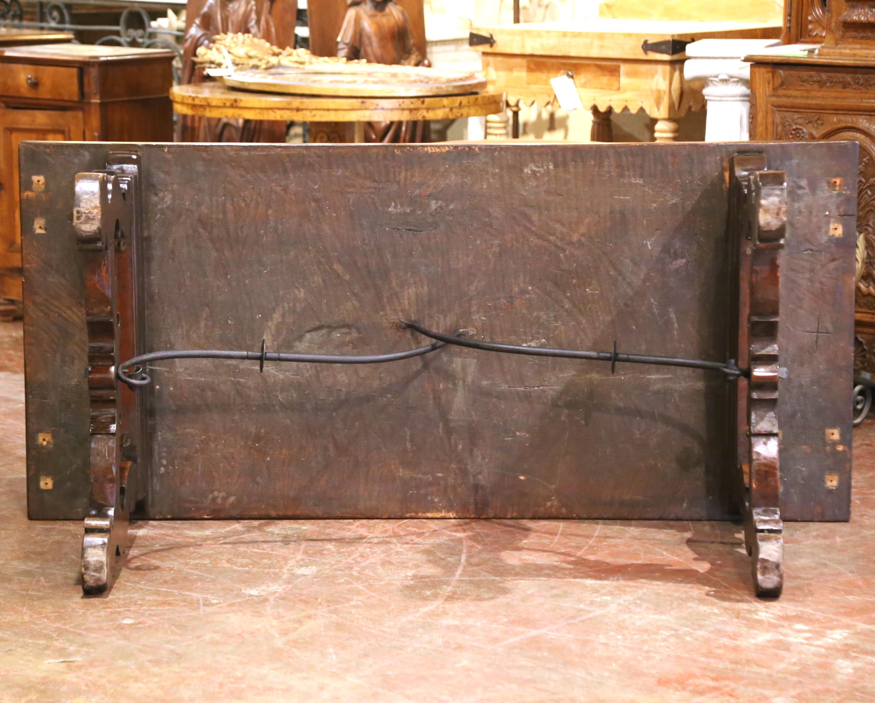 19th Century Spanish Carved Walnut Dining Trestle Table with Single Plank Top For Sale 4