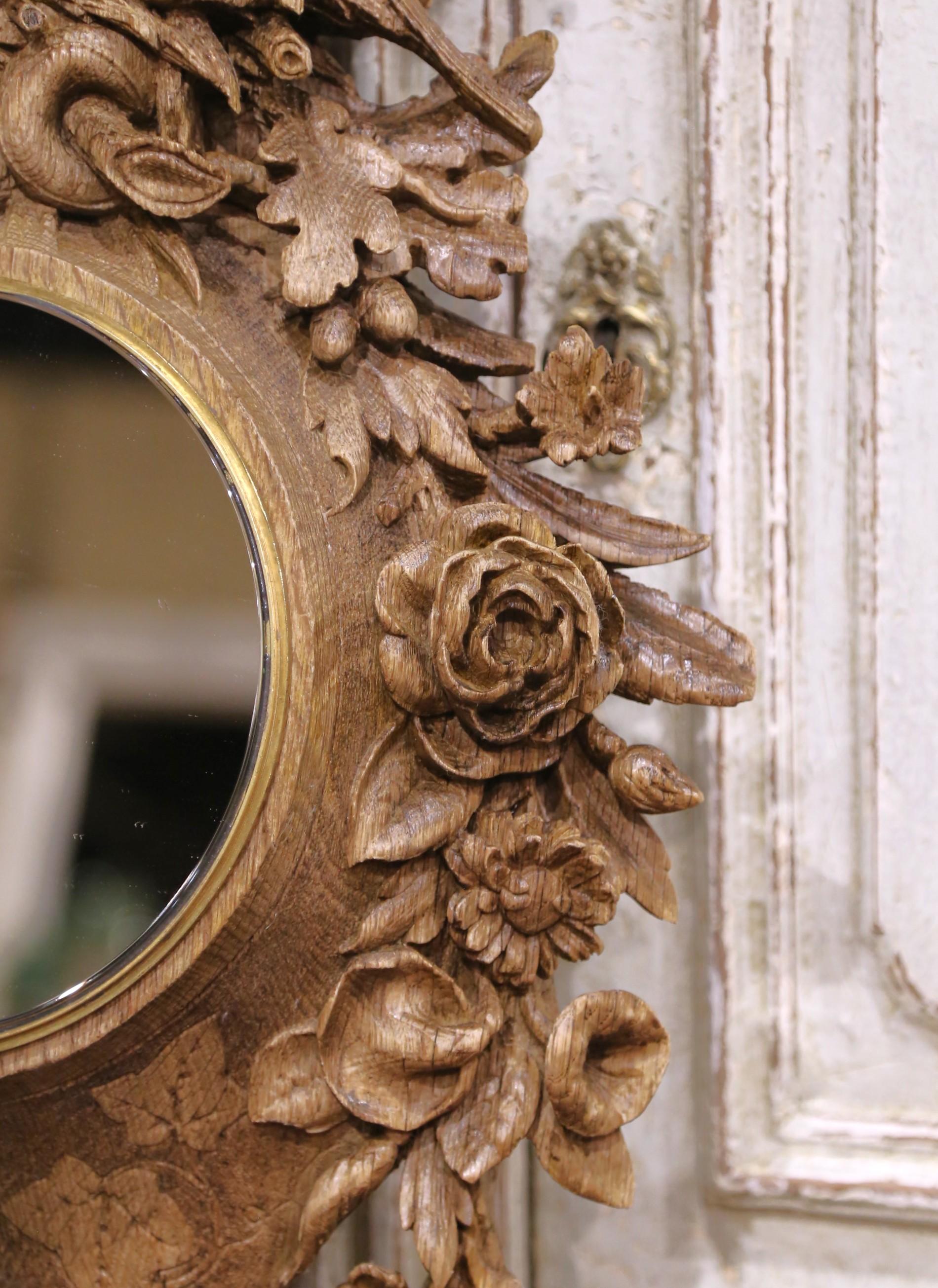 19th C. French Black Forest Carved Oak Mirror with Bronze Trim and Bird Motif In Excellent Condition For Sale In Dallas, TX