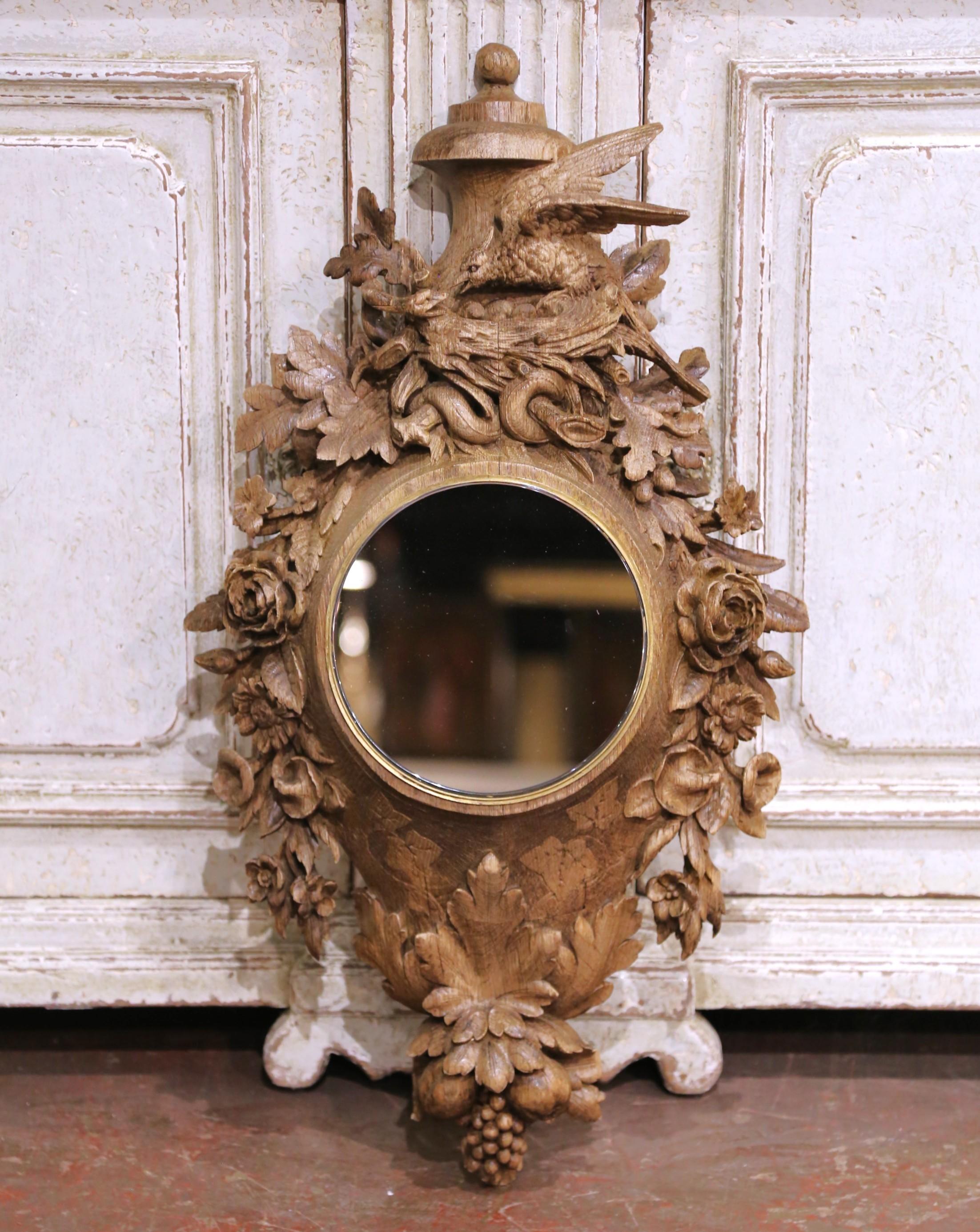 19th Century 19th C. French Black Forest Carved Oak Mirror with Bronze Trim and Bird Motif For Sale