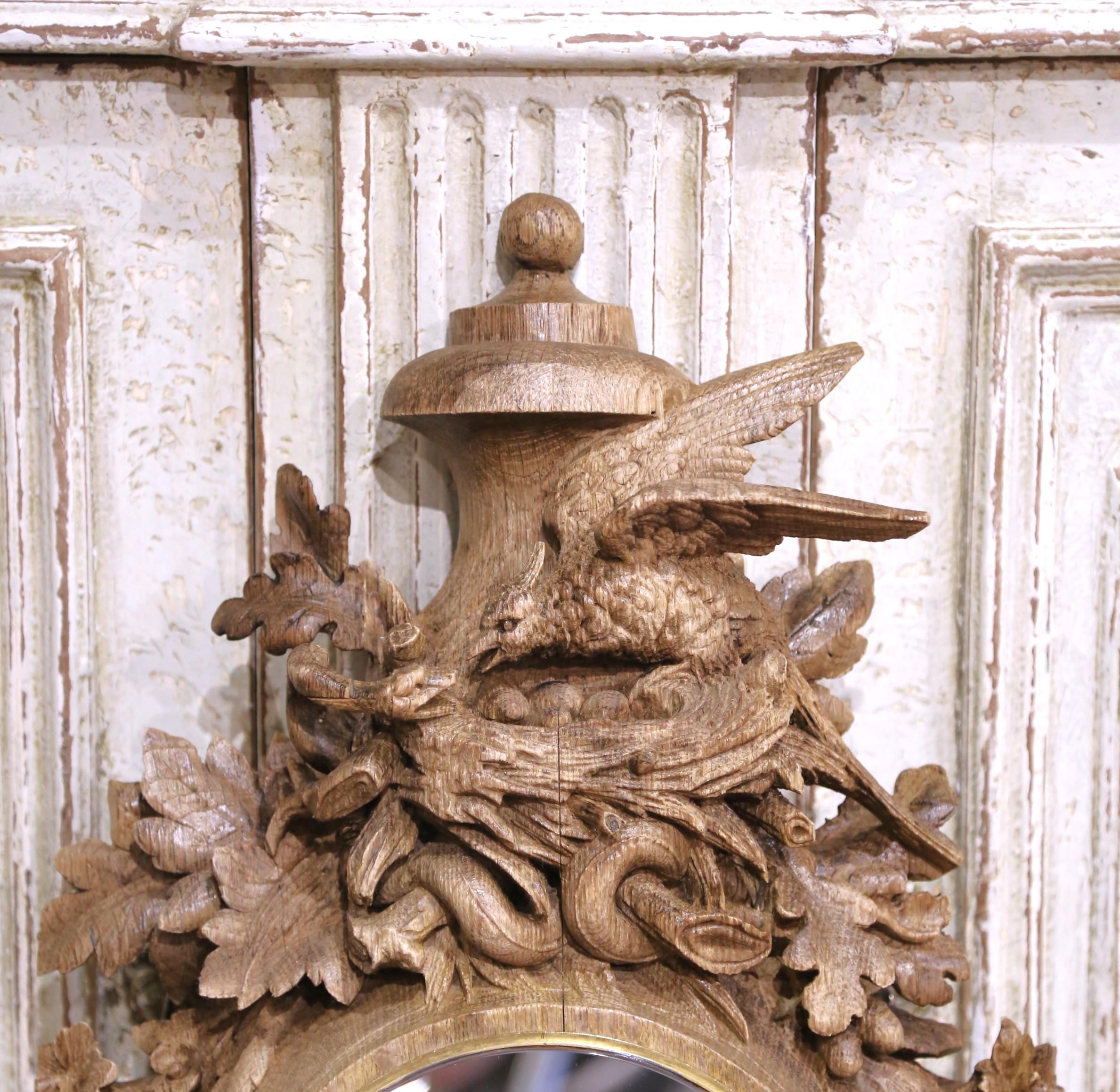 Bleached 19th C. French Black Forest Carved Oak Mirror with Bronze Trim and Bird Motif For Sale