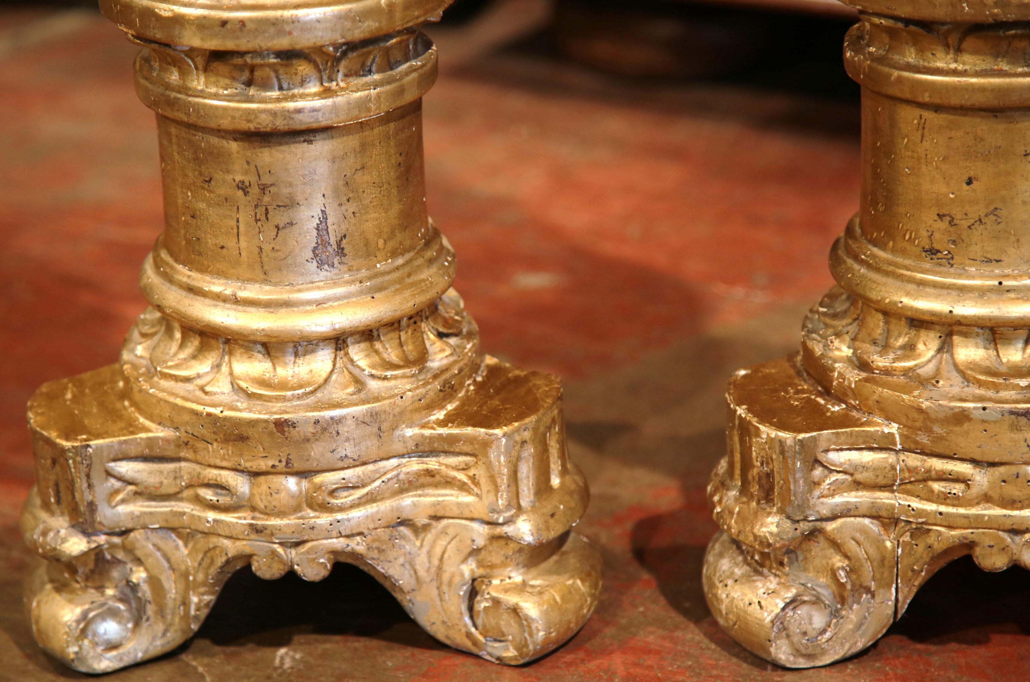 Pair of 18th C. French Louis XV Giltwood Pricket Stands with Tripod Bases For Sale 2
