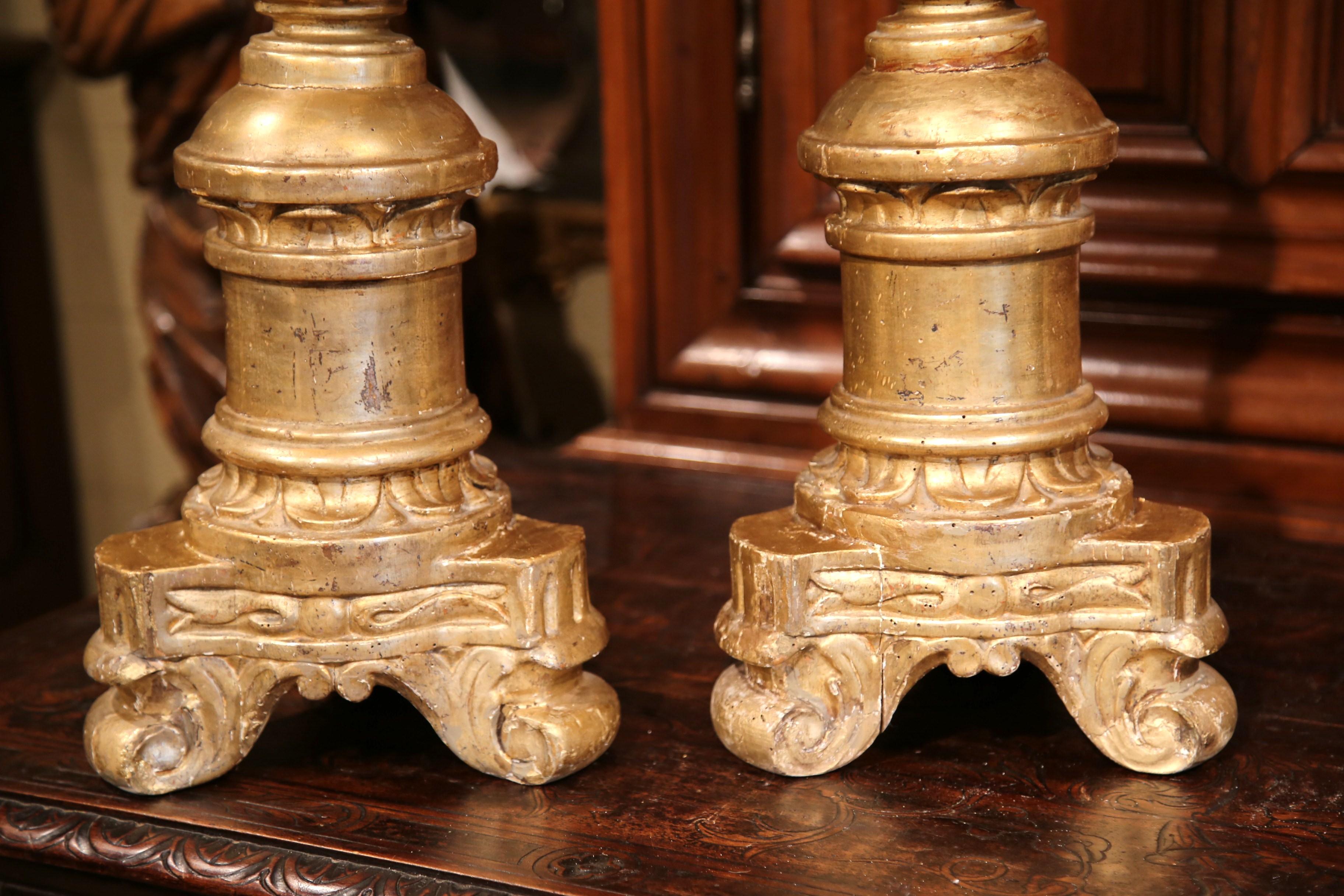 Pair of 18th C. French Louis XV Giltwood Pricket Stands with Tripod Bases For Sale 1