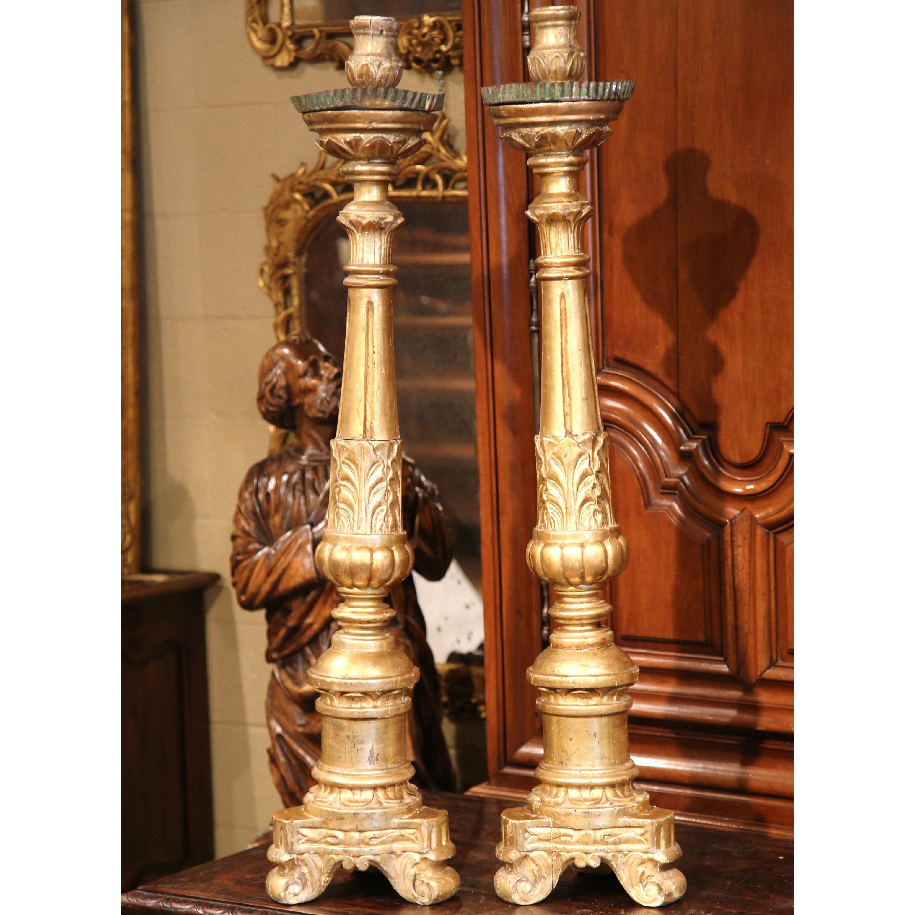 Gesso Pair of 18th C. French Louis XV Giltwood Pricket Stands with Tripod Bases For Sale