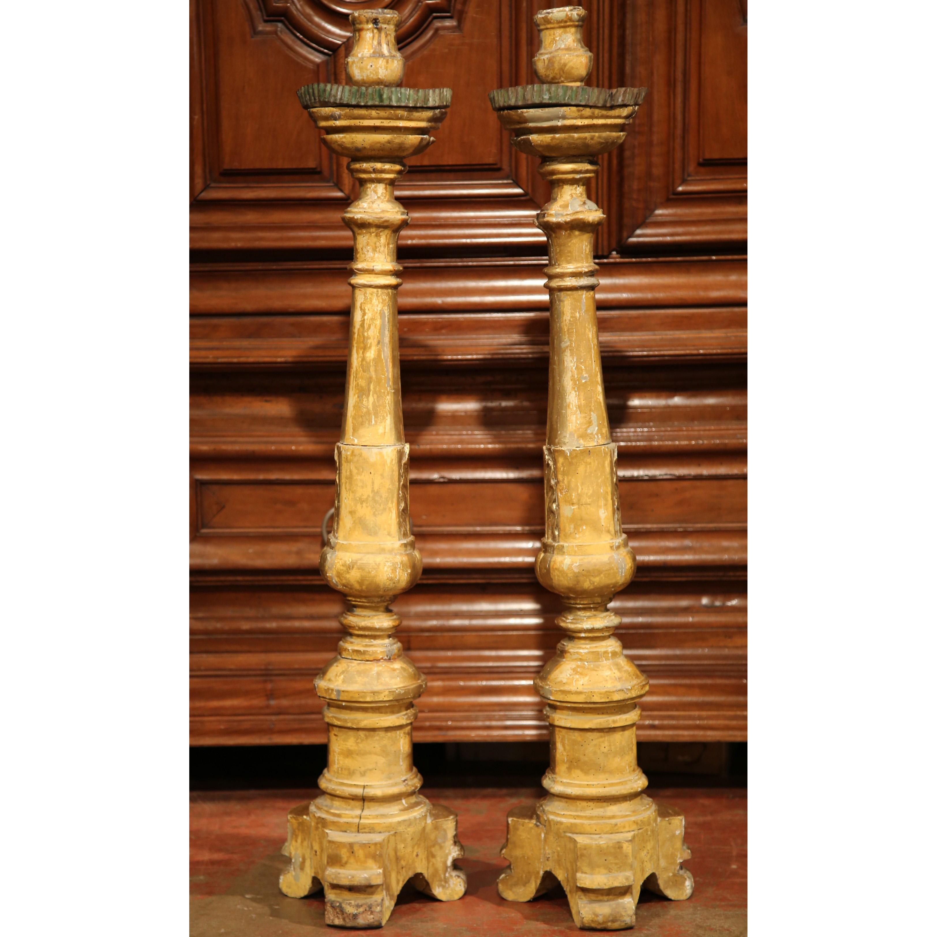 Pair of 18th C. French Louis XV Giltwood Pricket Stands with Tripod Bases For Sale 4