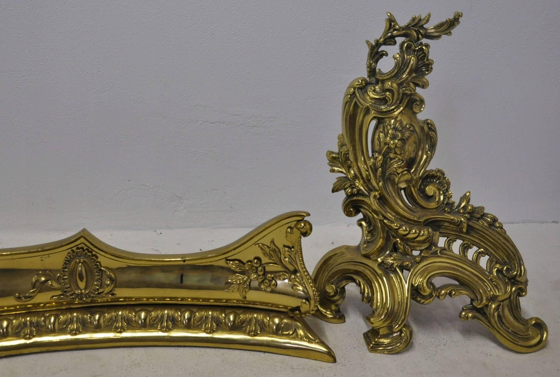 19th Century French Gilt Bronze Fireplace Chenets Andirons with Matching Fender 2