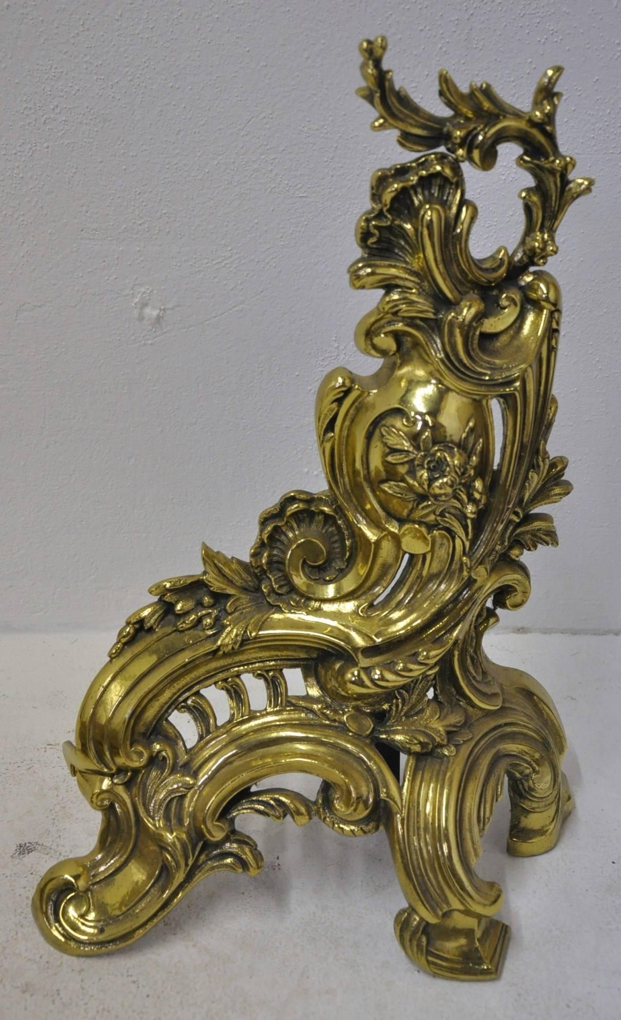 19th Century French Gilt Bronze Fireplace Chenets Andirons with Matching Fender In Excellent Condition In Dallas, TX