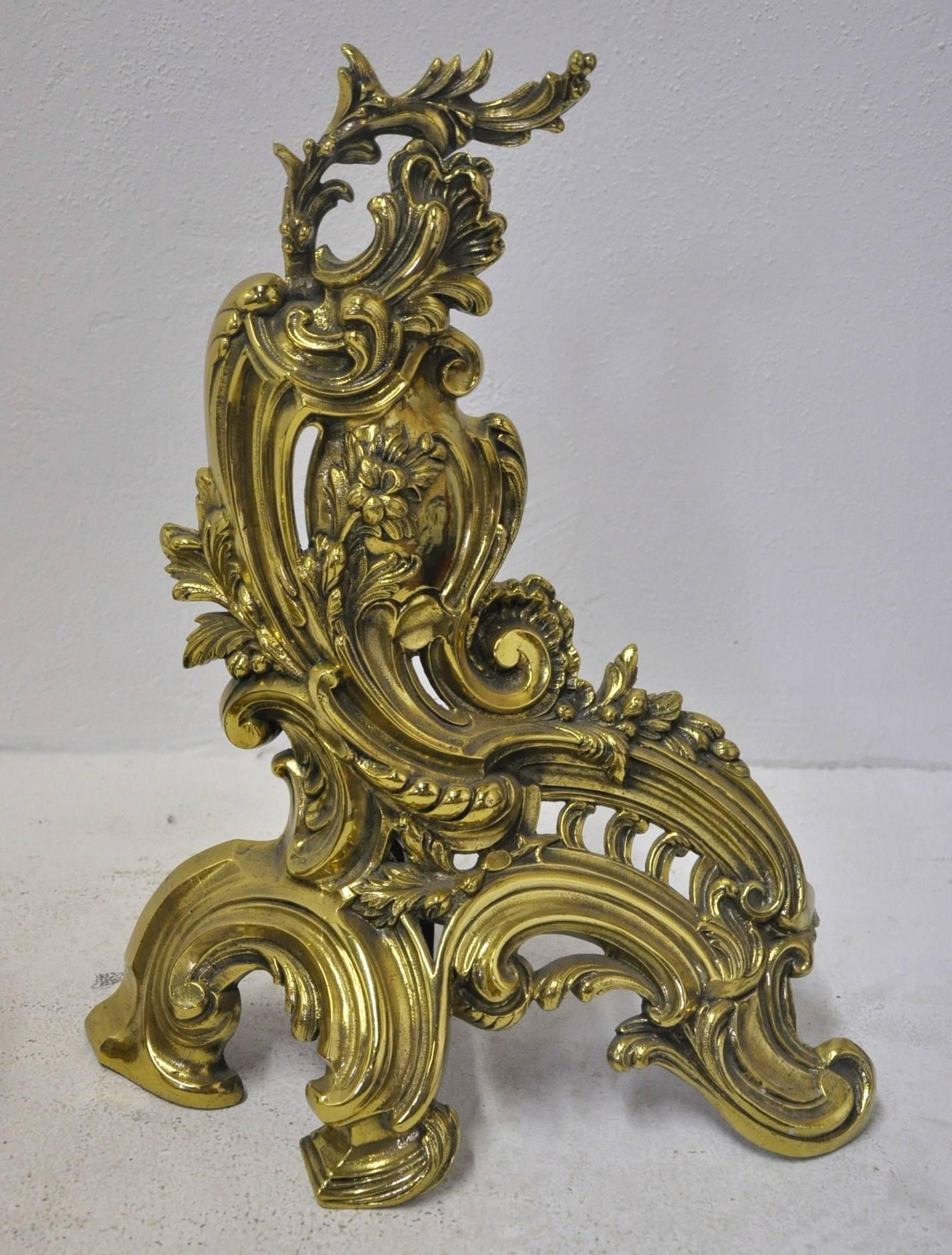19th Century French Gilt Bronze Fireplace Chenets Andirons with Matching Fender 1
