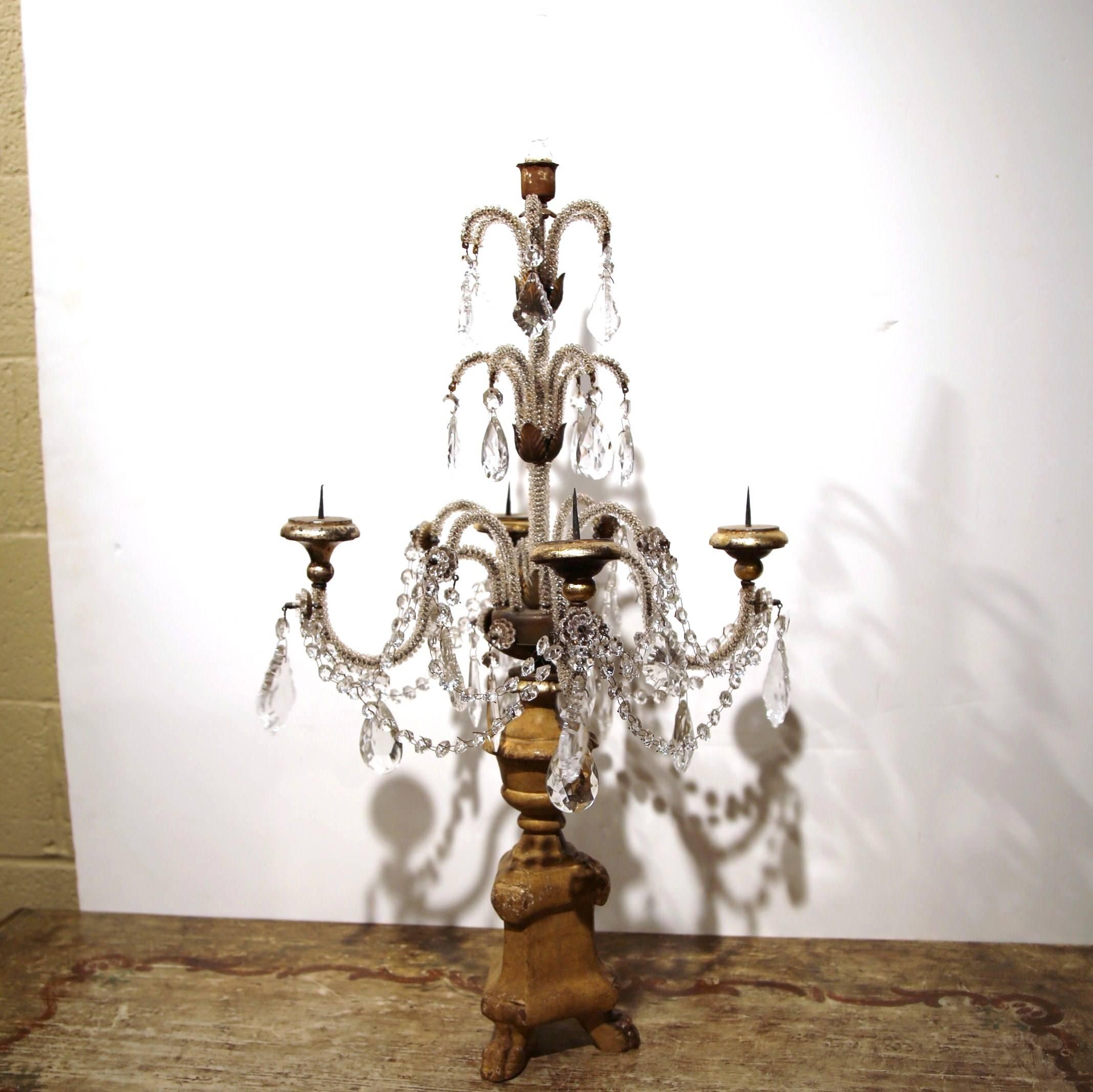 Pair of Early 20th Century Italian Gold Leaf Candlesticks with Crystal and Glass 3