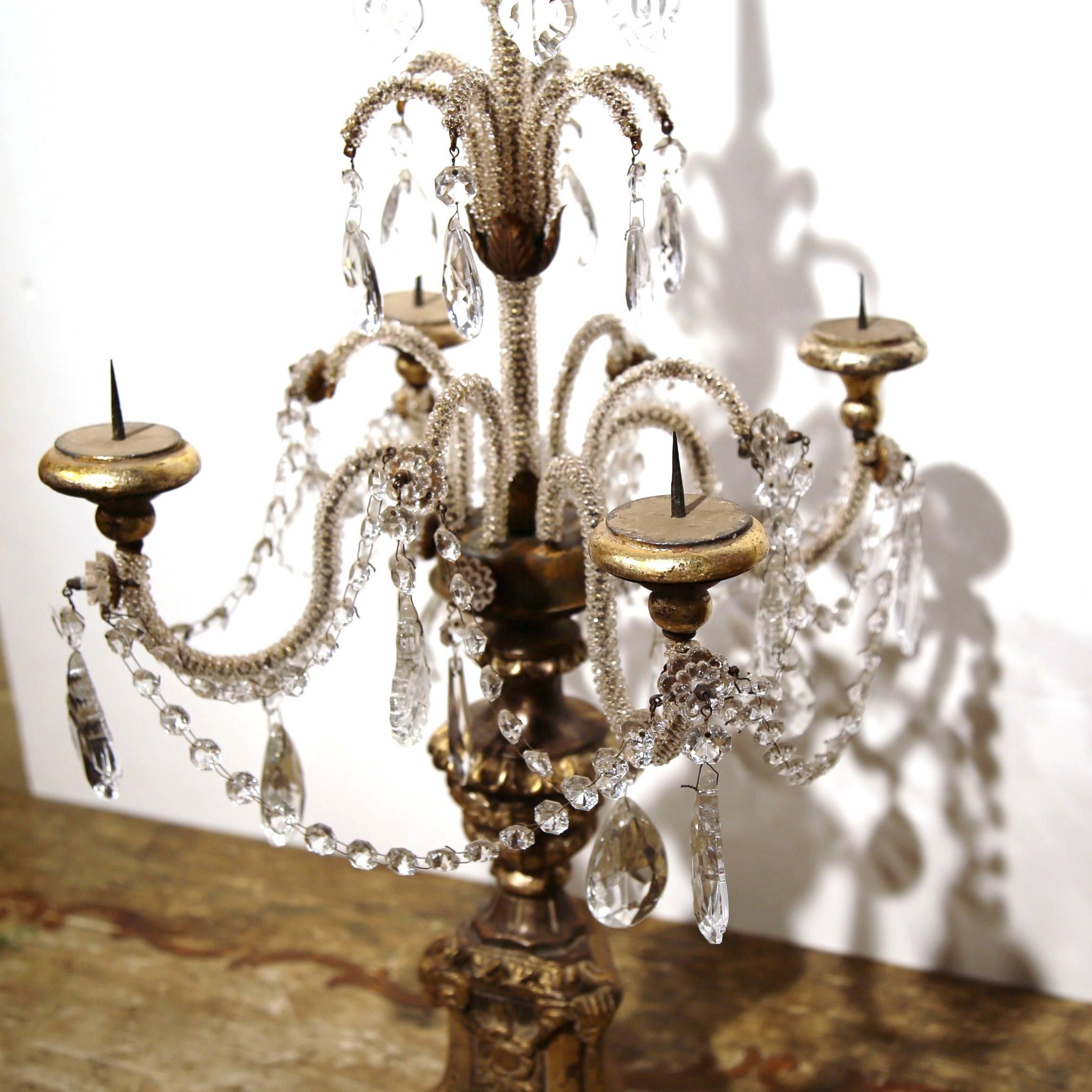 Hand-Carved Pair of Early 20th Century Italian Gold Leaf Candlesticks with Crystal and Glass