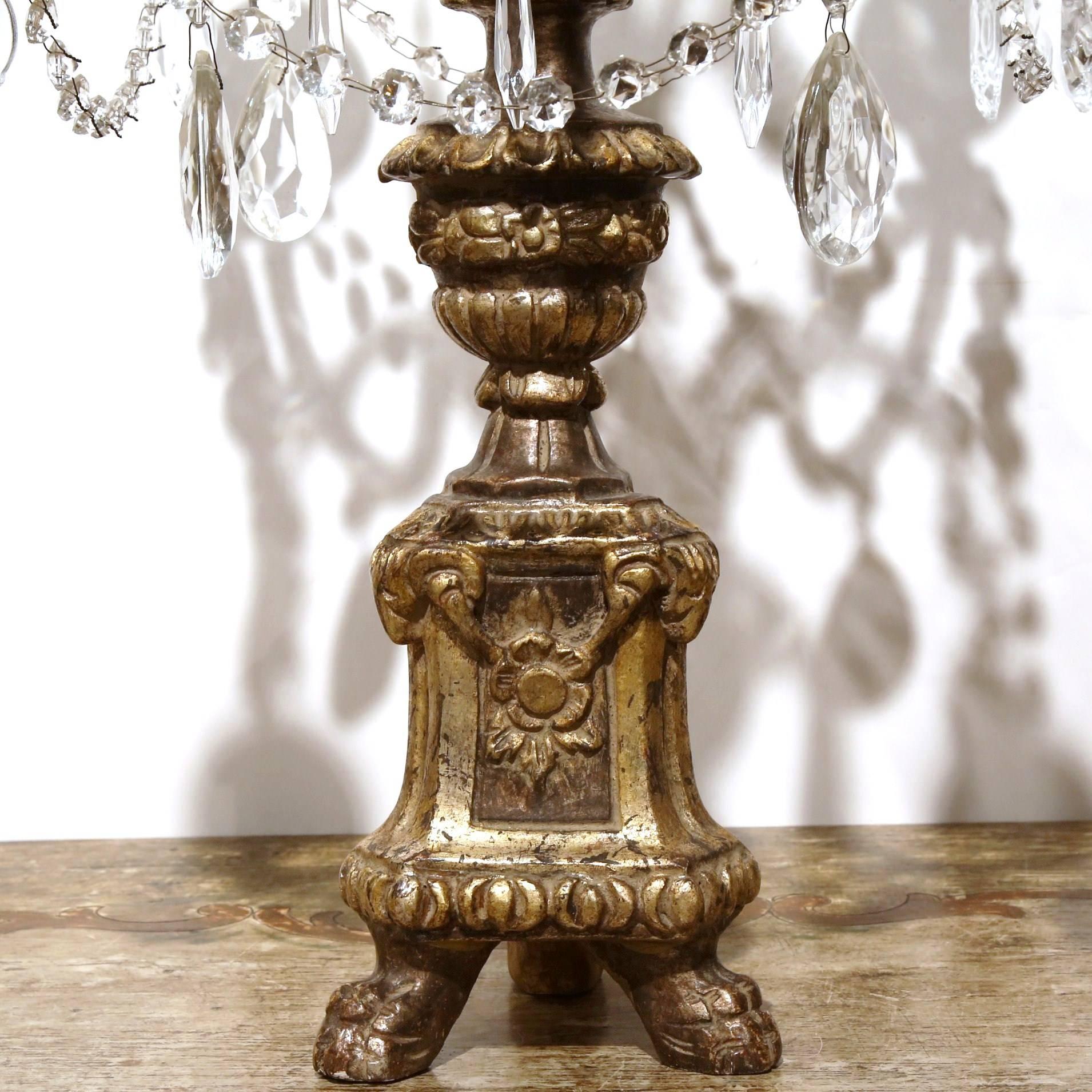 French Pair of Early 20th Century Italian Gold Leaf Candlesticks with Crystal and Glass