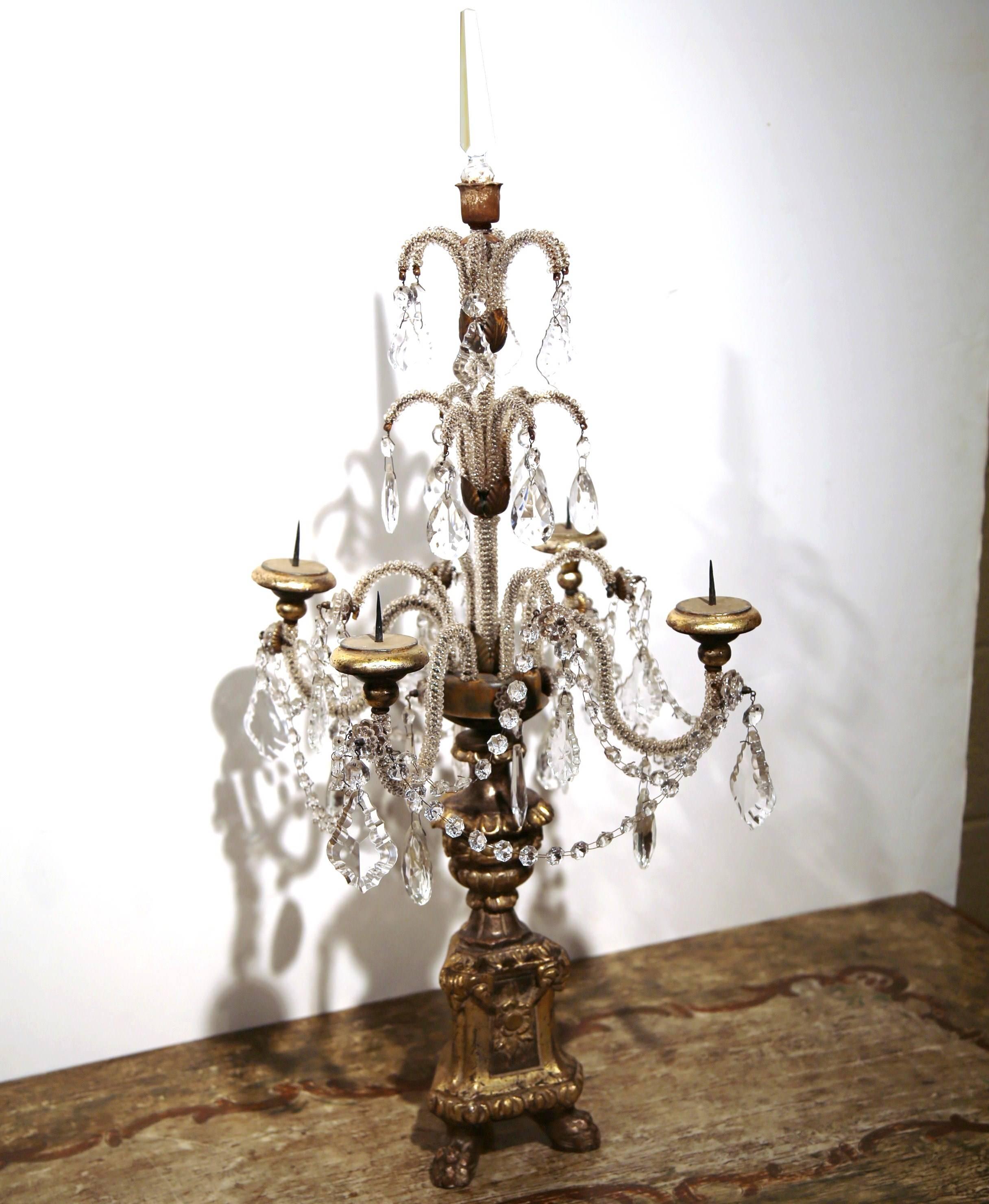 Giltwood Pair of Early 20th Century Italian Gold Leaf Candlesticks with Crystal and Glass