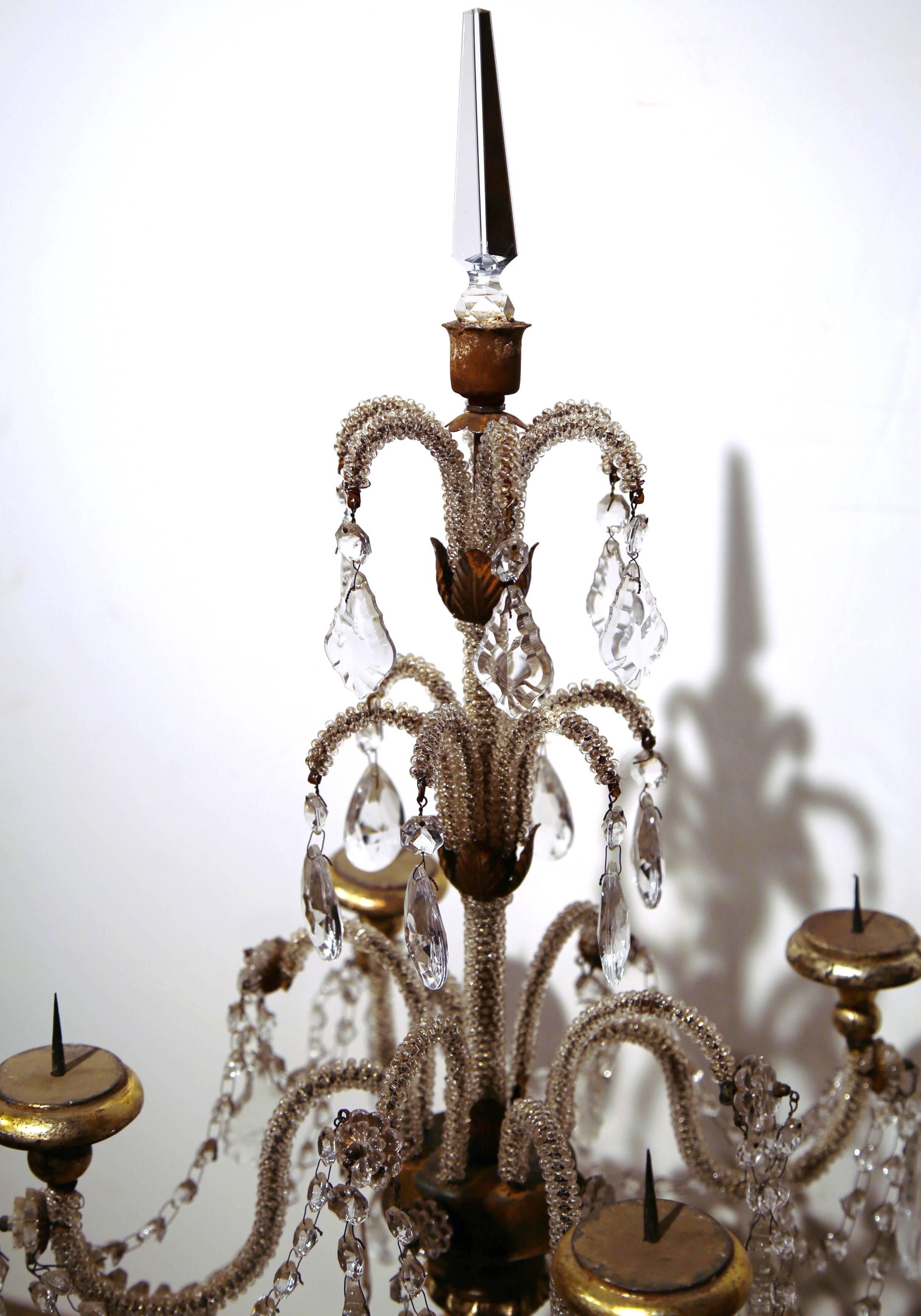 Pair of Early 20th Century Italian Gold Leaf Candlesticks with Crystal and Glass 1
