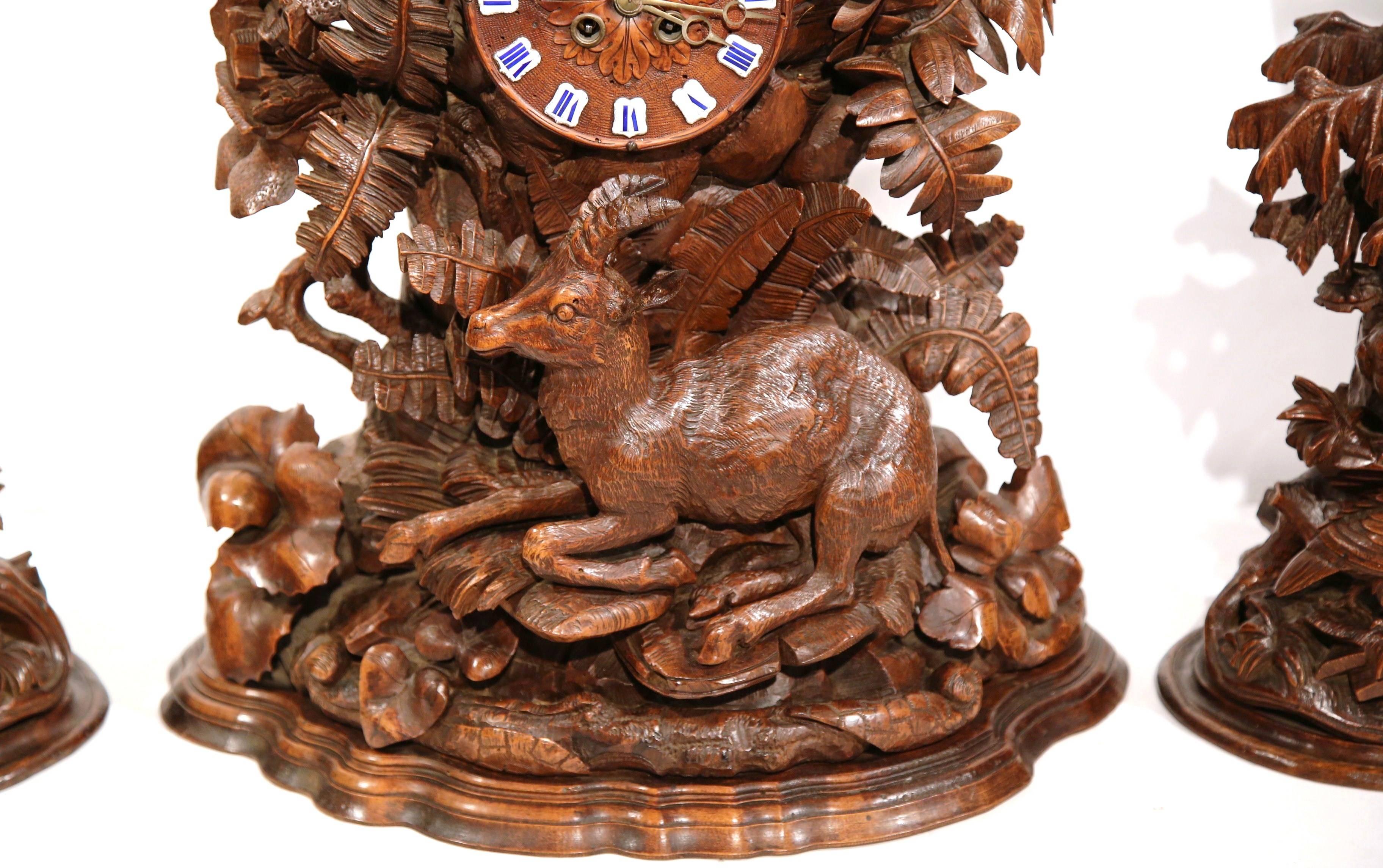 19th Century Swiss Black Forest Carved Walnut Clock with Matching Vases In Excellent Condition In Dallas, TX