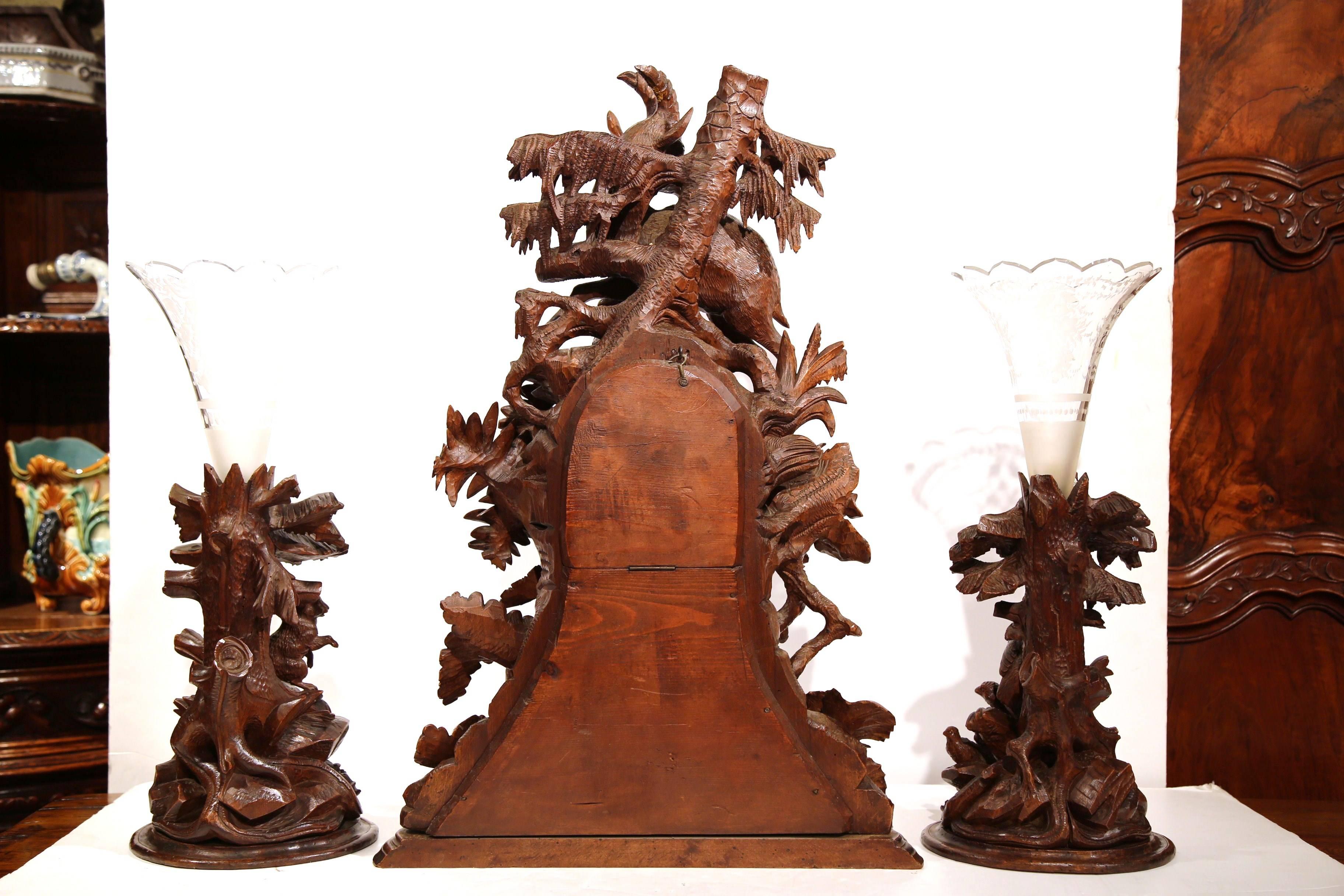 19th Century Swiss Black Forest Carved Walnut Clock with Matching Vases 3