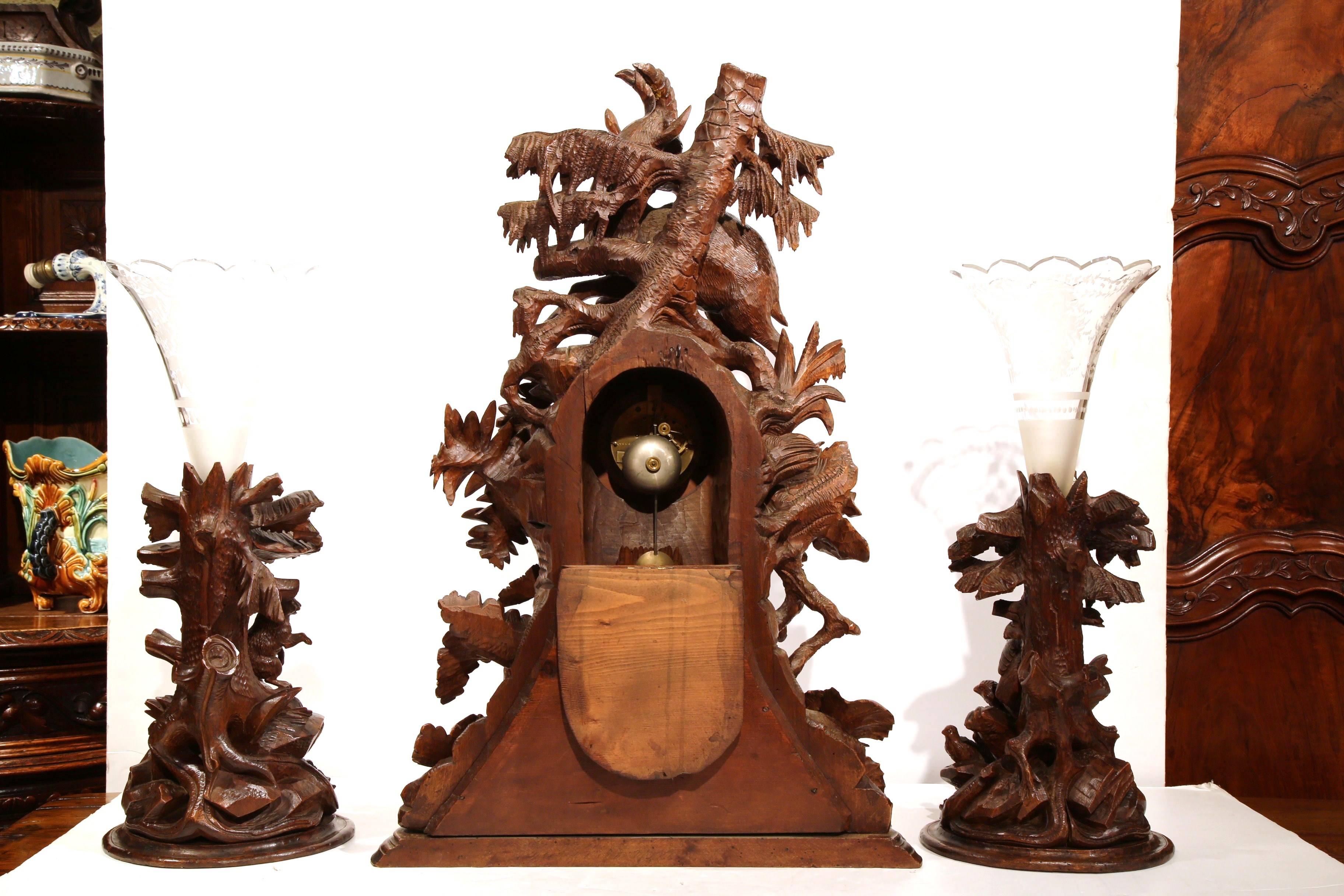 19th Century Swiss Black Forest Carved Walnut Clock with Matching Vases 4