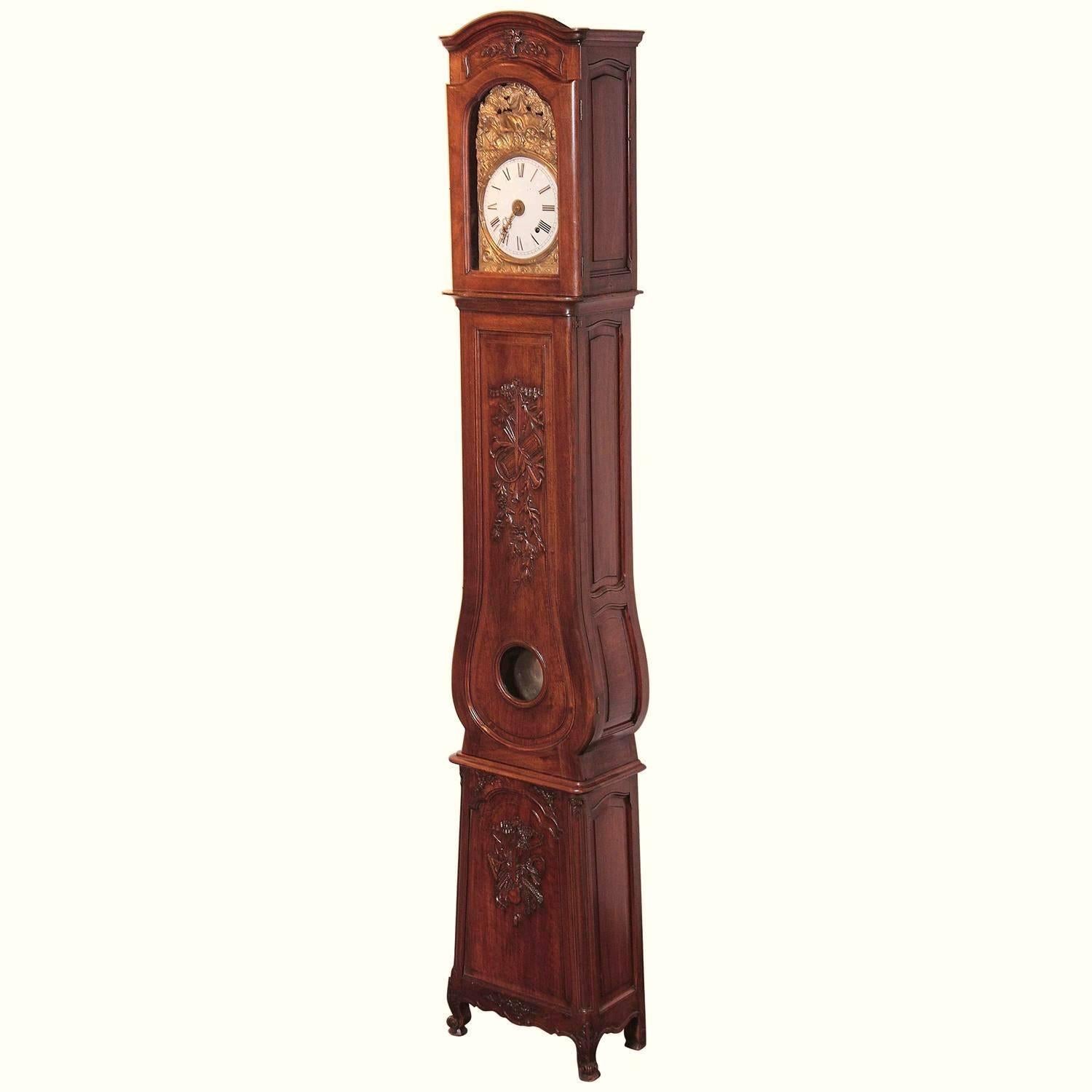 19th Century French Louis XV Hand-Carved Walnut Grandfather Clock from Provence 1