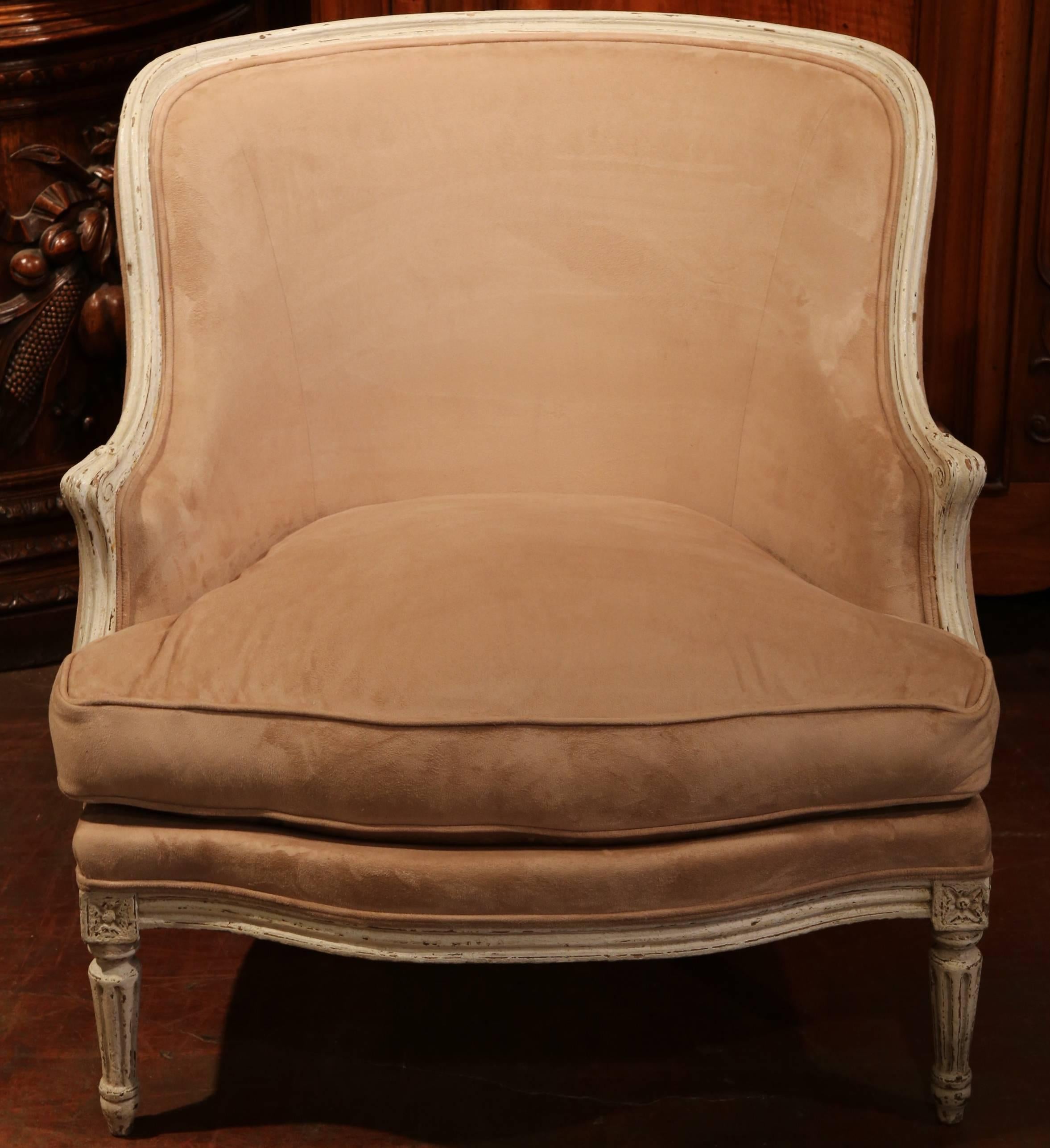 Hand-Carved Pair of 19th Century French Louis XVI Carved Painted Armchairs with Suede Fabric
