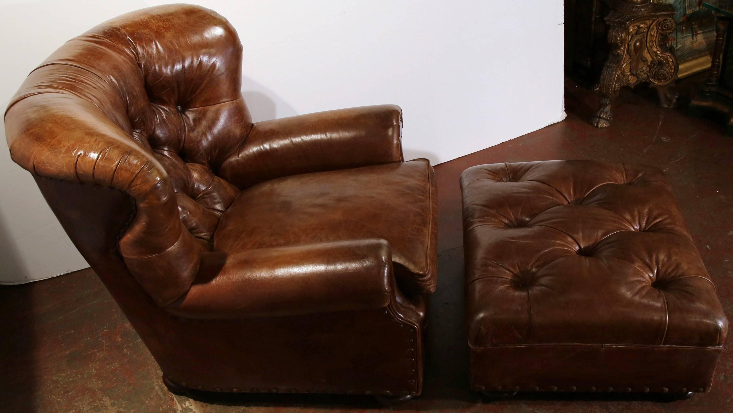 American Large Vintage Ralph Lauren Brown Leather Armchair with Matching Ottoman