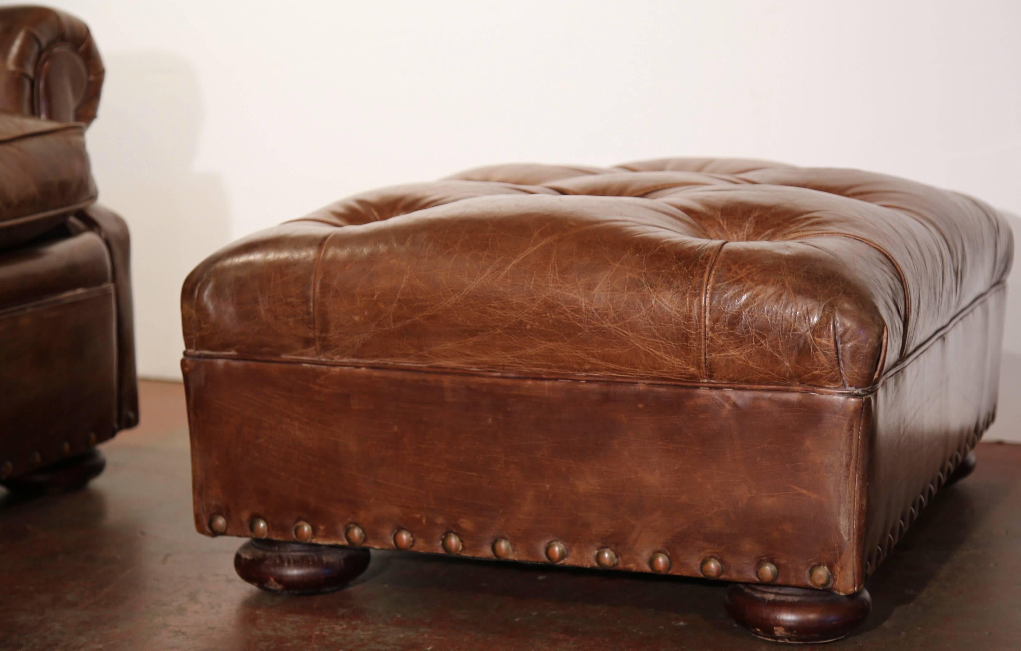 20th Century Large Vintage Ralph Lauren Brown Leather Armchair with Matching Ottoman