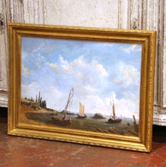 19th Century French Coastal Marine Oil Painting of Fishing Boats in Gilt Frame