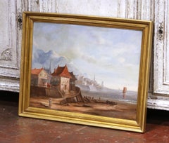 19th Century French Coastal Harbor Marine Oil Painting in Giltwood Frame
