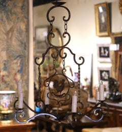 Late 20th Century French Hand-Forged Polished Iron Six-Light Rooster Chandelier
