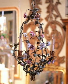 Early 20th Century French Three-Light Tole Chandelier with Porcelain Flowers