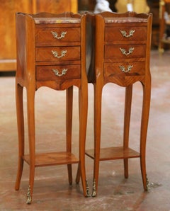 Pair of Mid-Century French Louis XV Walnut Marquetry Marble-Top Nightstands