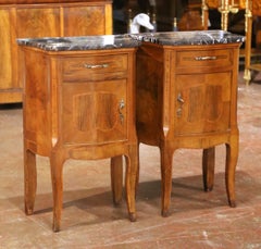 Pair of 19th Century French Louis XV Inlaid Walnut Marble-Top Bedside Tables