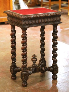 19th Century French Louis XIII Carved Walnut Side Table with Velvet Top