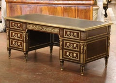 19th Century French Louis XVI Mahogany, Bronze & Leather-Top Partner Desk