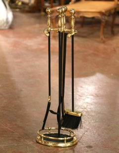 Mid-Century French Louis XVI Style Brass and Iron Fireplace Tool Set
