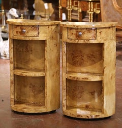Pair of Mid-Century French Art Deco Burl Elm Bedside Tables Nightstands