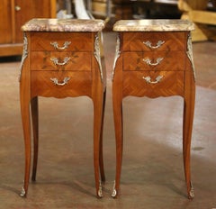 Pair Mid-Century French Louis XV Marquetry Bedside Tables with Marble Tops