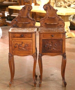 Pair of Early 20th Century French Louis XV Walnut Marble-Top Bedside Tables